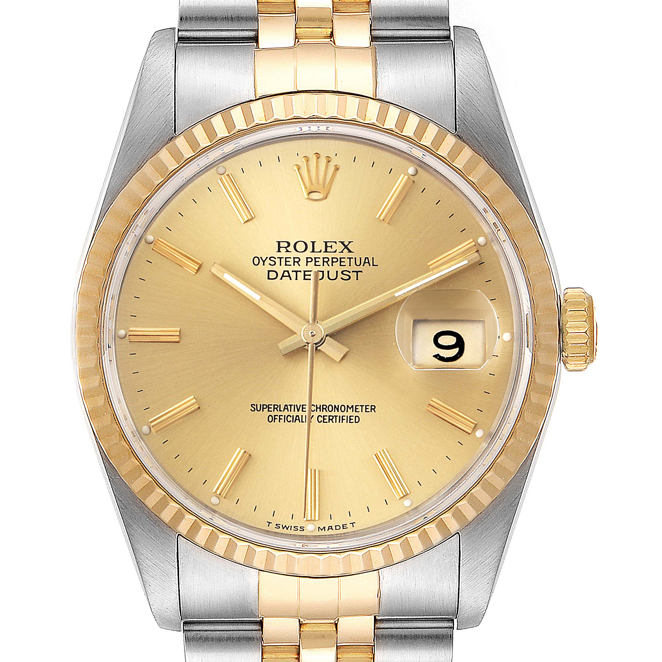 The image shows a frontal view of the Rolex Datejust 16233 Men's Steel and Gold (two tone) Champagne Dial 16233 Men's Steel and Gold (two tone) Champagne Dial watch, highlighting the dial, bezel, and bracelet.