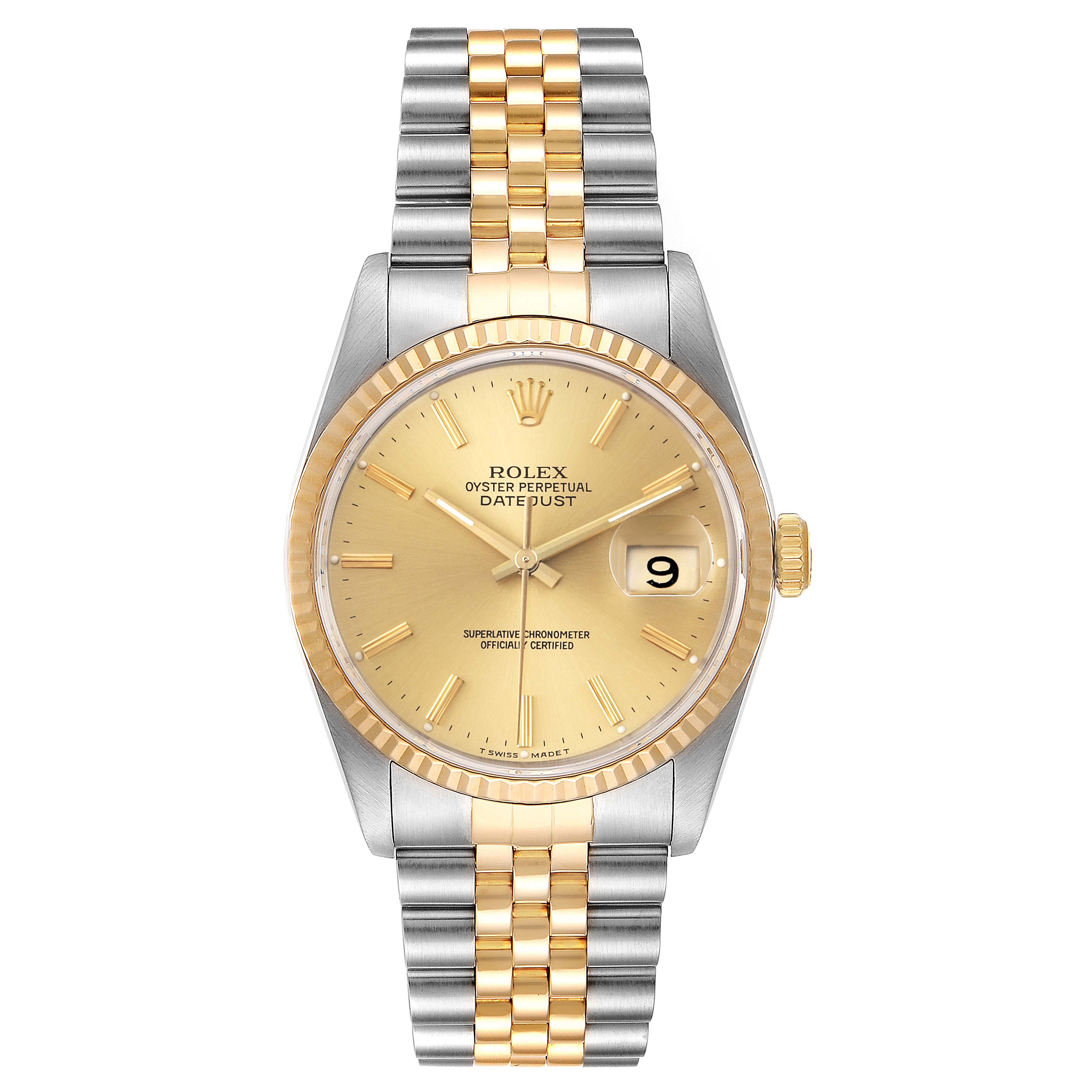 The image shows a frontal view of the Rolex Datejust 16233 Men's Steel and Gold (two tone) Champagne Dial 16233 Men's Steel and Gold (two tone) Champagne Dial watch, featuring its gold dial, fluted bezel, and two-tone bracelet.