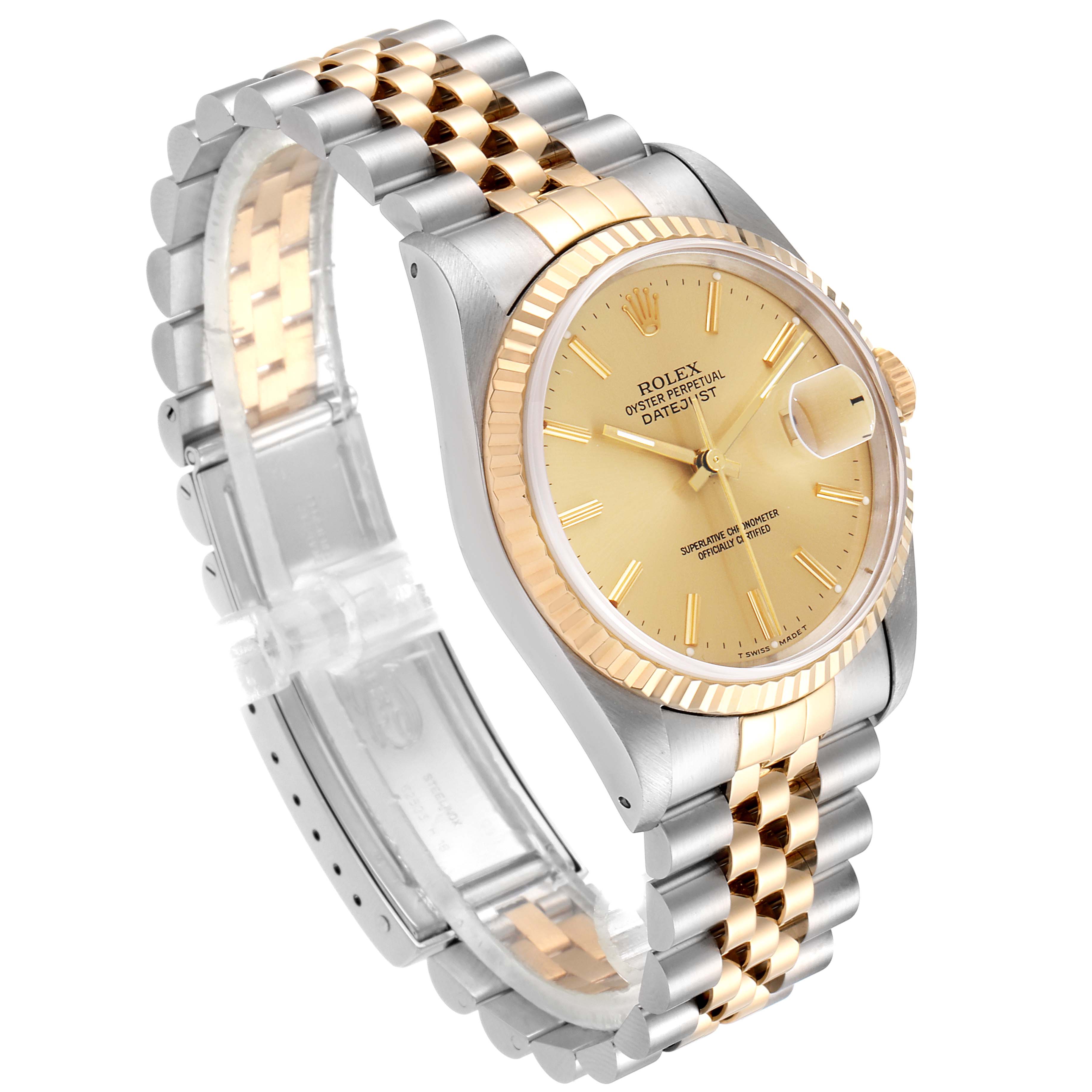 The image shows a Rolex Datejust 16233 Men's Steel and Gold (two tone) Champagne Dial 16233 Men's Steel and Gold (two tone) Champagne Dial watch at a 3/4 angle, displaying the face, bezel, case, and jubilee bracelet.
