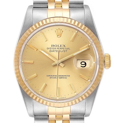 Photo of Rolex Datejust Steel 18K Yellow Gold Fluted Bezel Mens Watch 16233 Papers