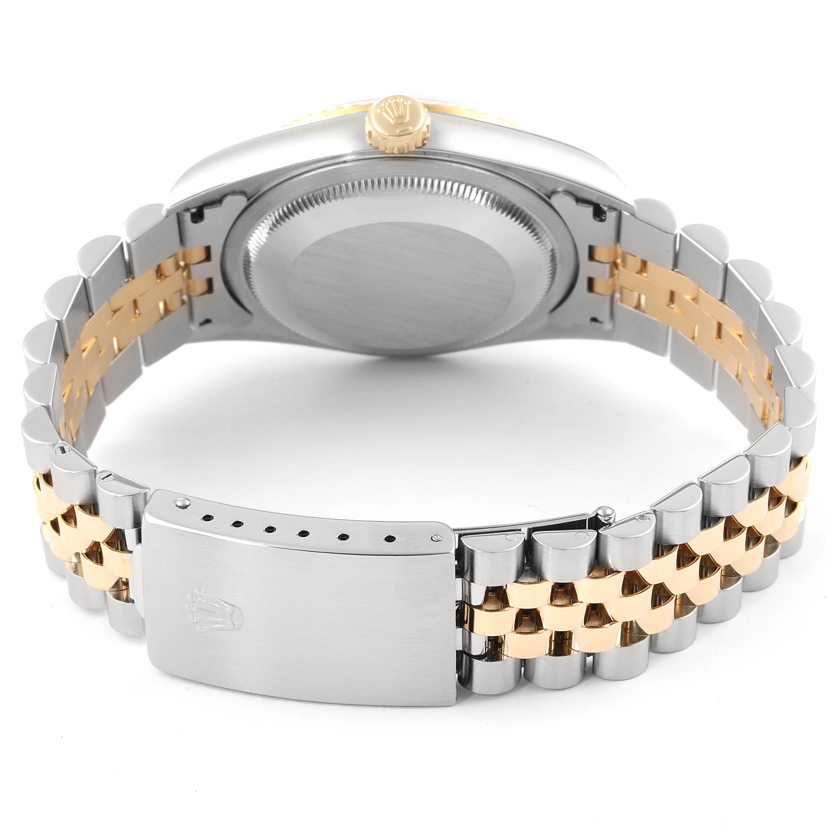 The image shows the back view of a Rolex Datejust 16233 Men's Steel and Gold (two tone) Champagne Dial 16233 Men's Steel and Gold (two tone) Champagne Dial watch, highlighting the case back and two-tone bracelet with clasp.