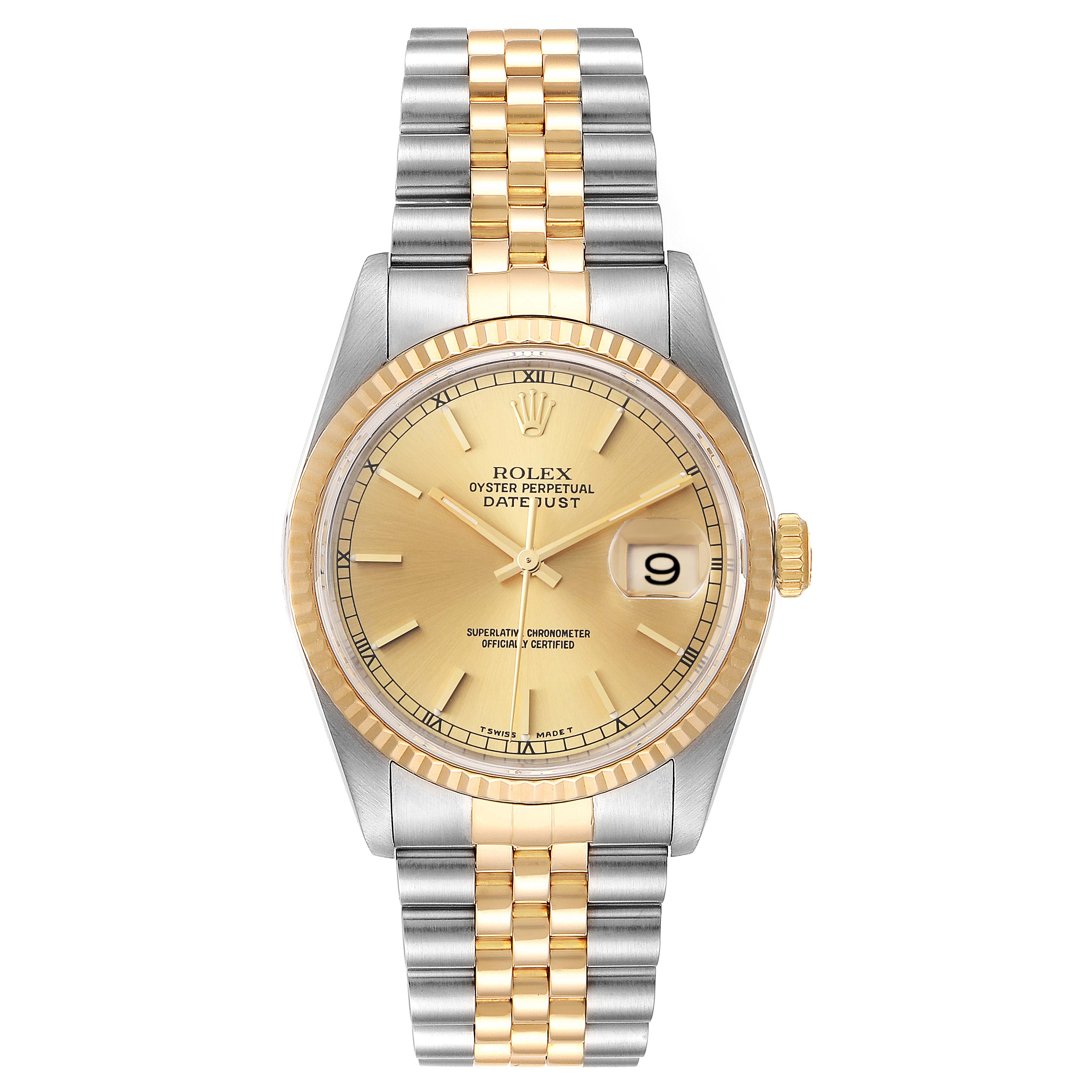 The image shows a front view of a Rolex Datejust 16233 Men's Steel and Gold (two tone) Champagne Dial 16233 Men's Steel and Gold (two tone) Champagne Dial watch, highlighting the dial, bezel, and bracelet.