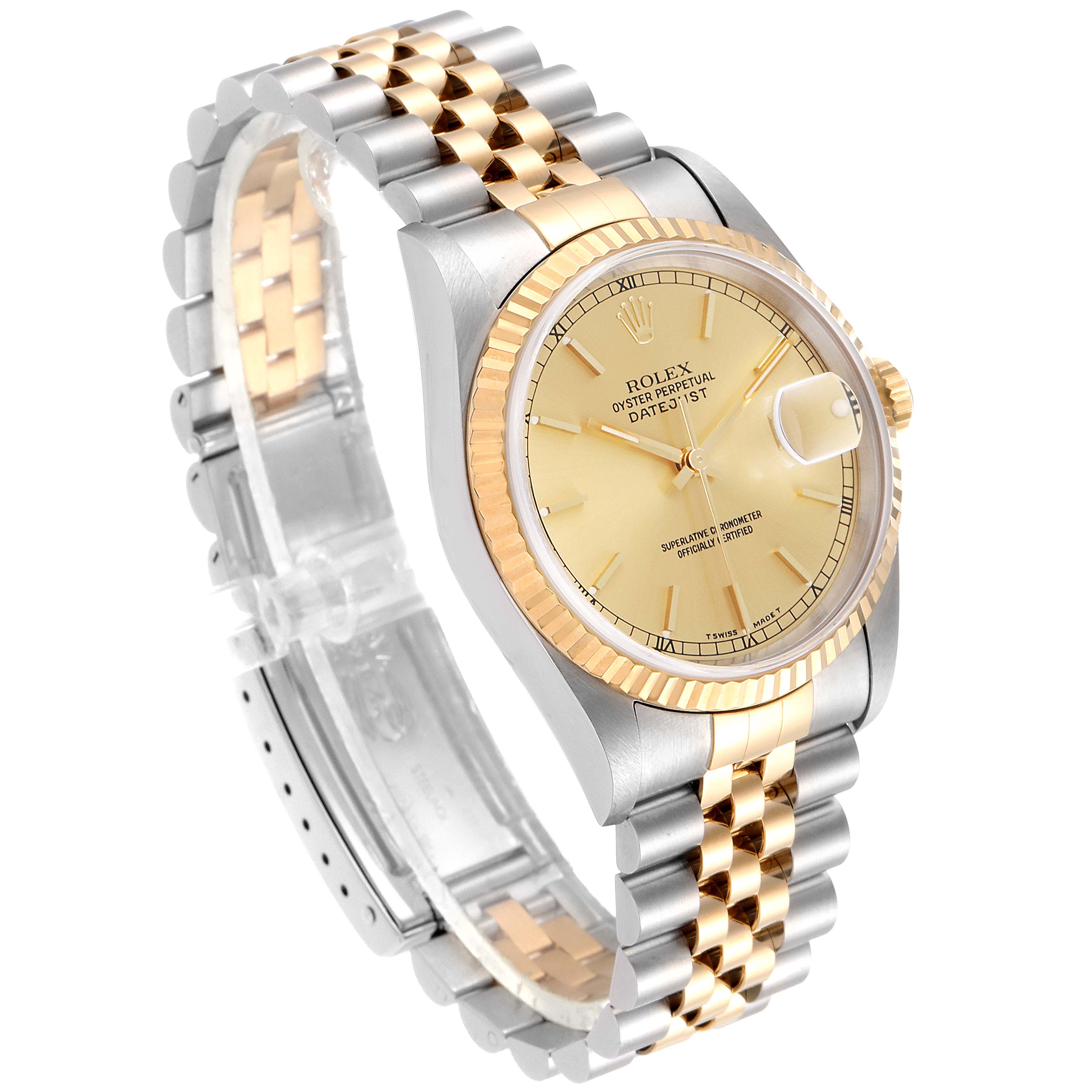The image shows a Rolex Datejust 16233 Men's Steel and Gold (two tone) Champagne Dial 16233 Men's Steel and Gold (two tone) Champagne Dial watch at an angle highlighting the two-tone bracelet, fluted bezel, and champagne-colored dial.