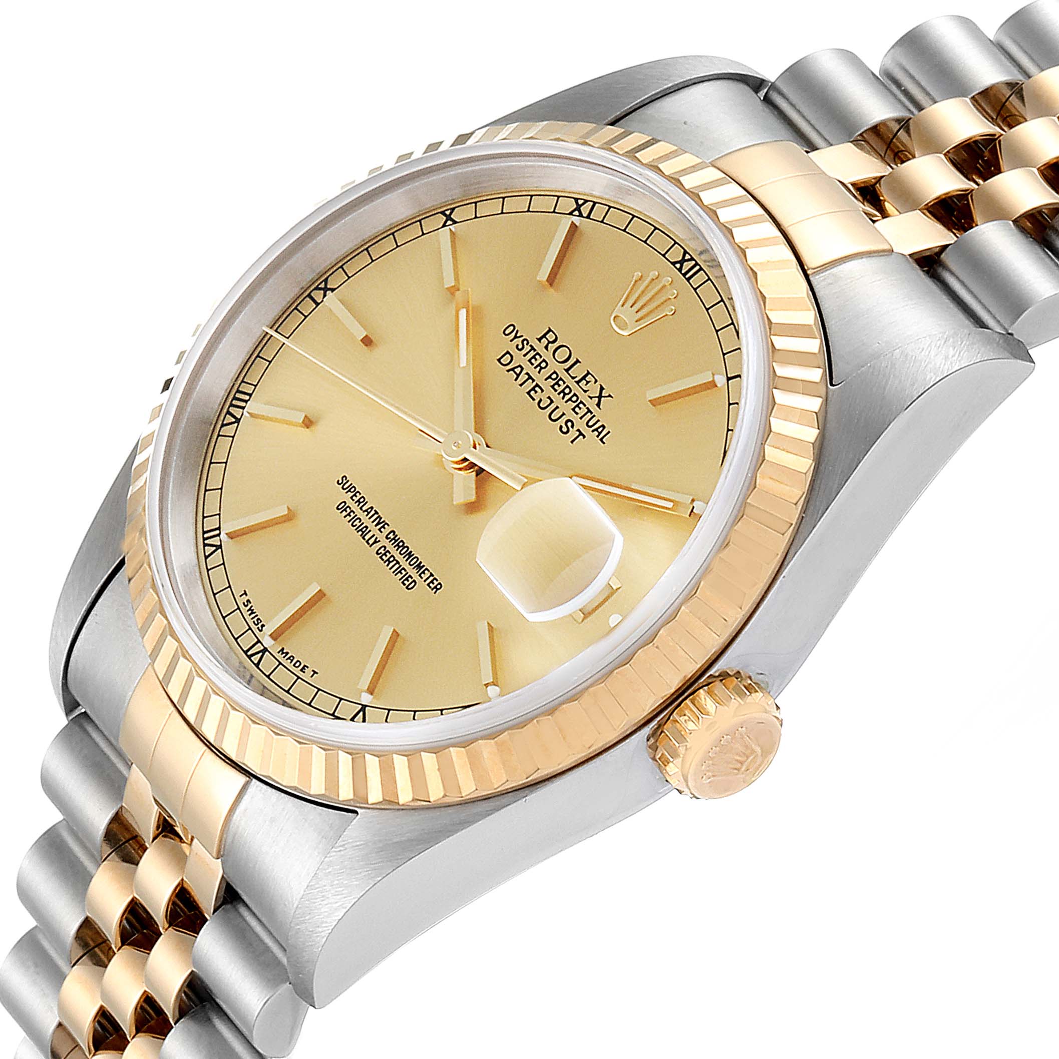 The image shows a Rolex Datejust 16233 Men's Steel and Gold (two tone) Champagne Dial 16233 Men's Steel and Gold (two tone) Champagne Dial watch at a slight angle, highlighting the gold fluted bezel, crown, and the jubilee bracelet.