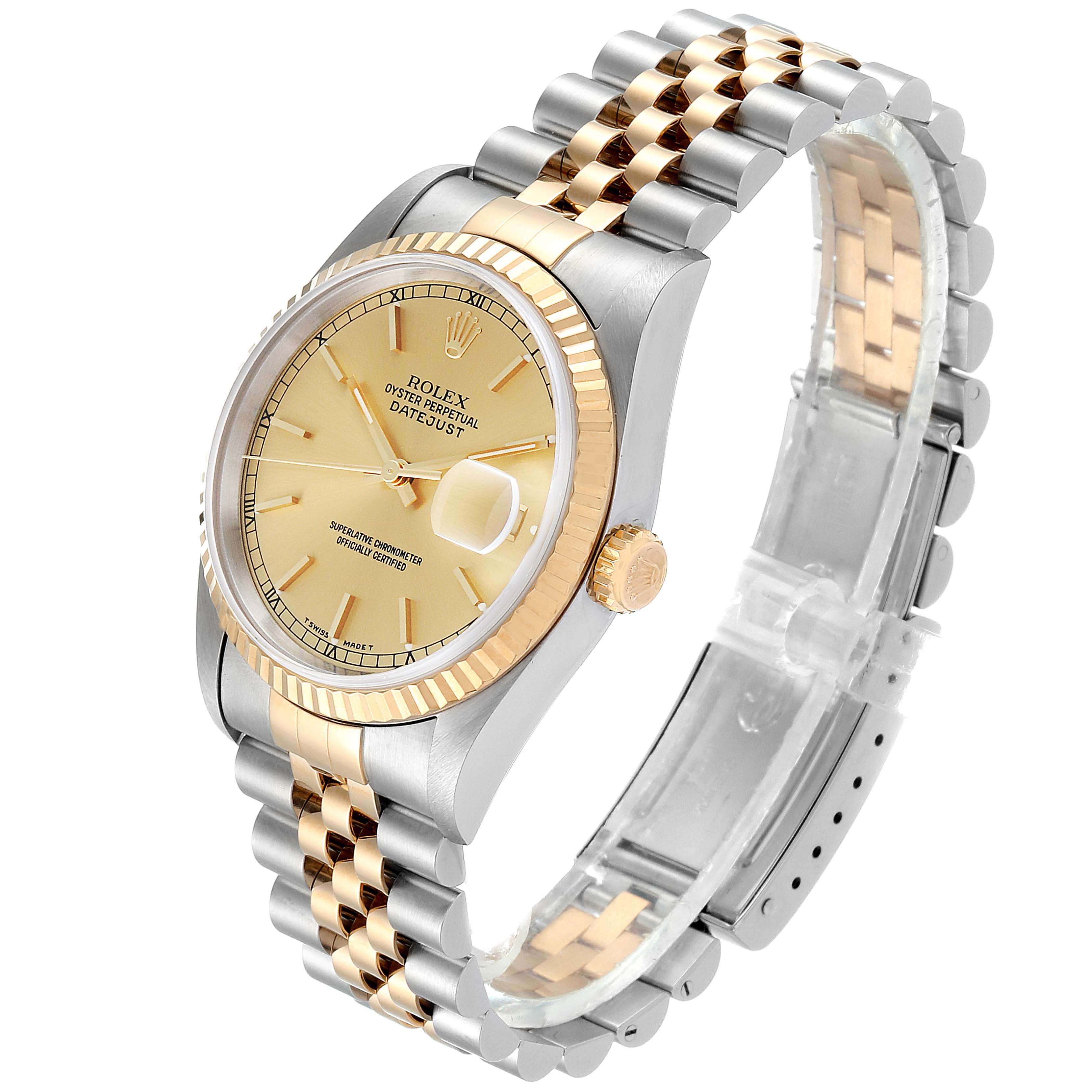 The image shows a Rolex Datejust 16233 Men's Steel and Gold (two tone) Champagne Dial 16233 Men's Steel and Gold (two tone) Champagne Dial watch at a three-quarter angle, highlighting its gold and silver bracelet and champagne dial.