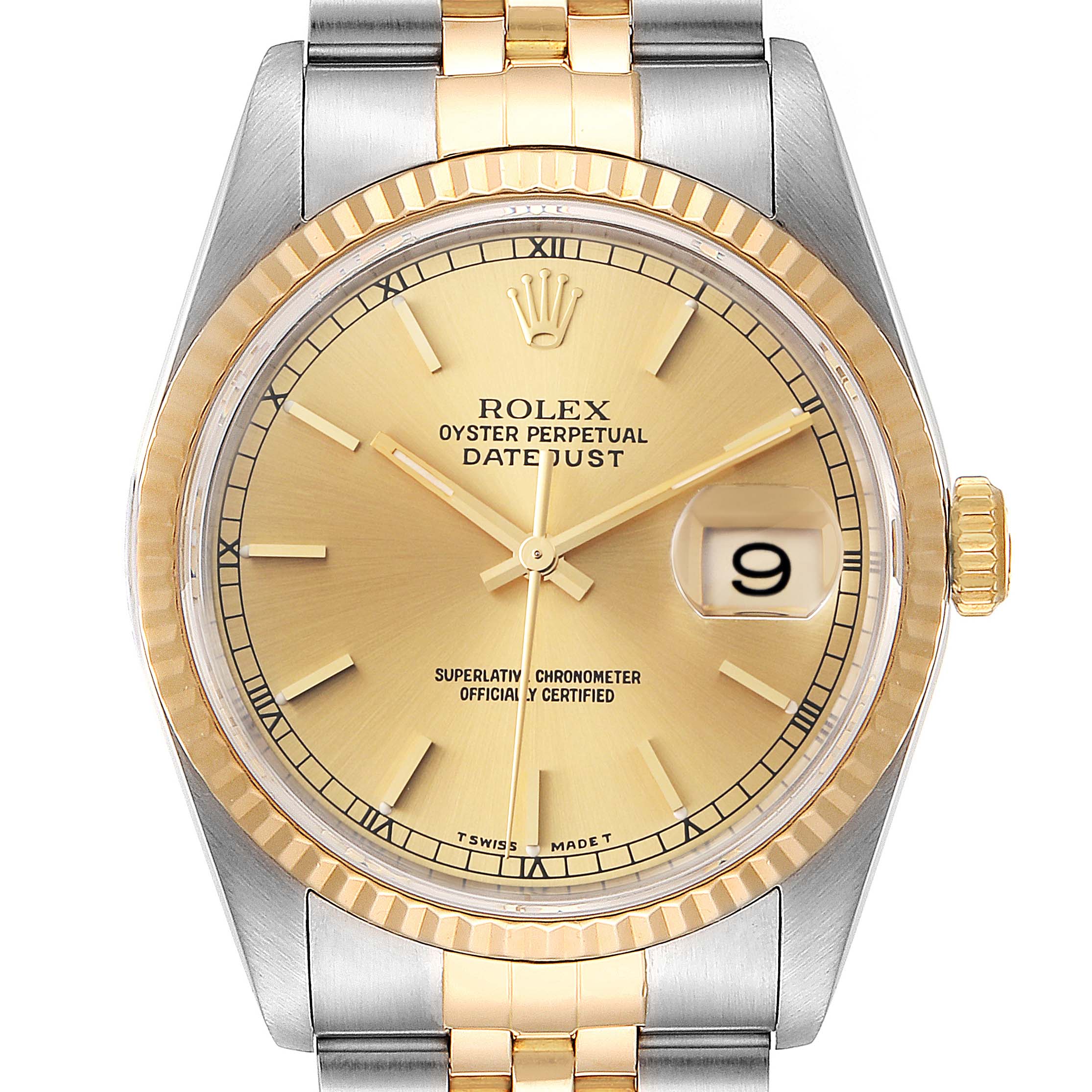 The image shows a front view of a Rolex Datejust 16233 Men's Steel and Gold (two tone) Champagne Dial 16233 Men's Steel and Gold (two tone) Champagne Dial watch with a champagne dial and gold and silver bracelet.