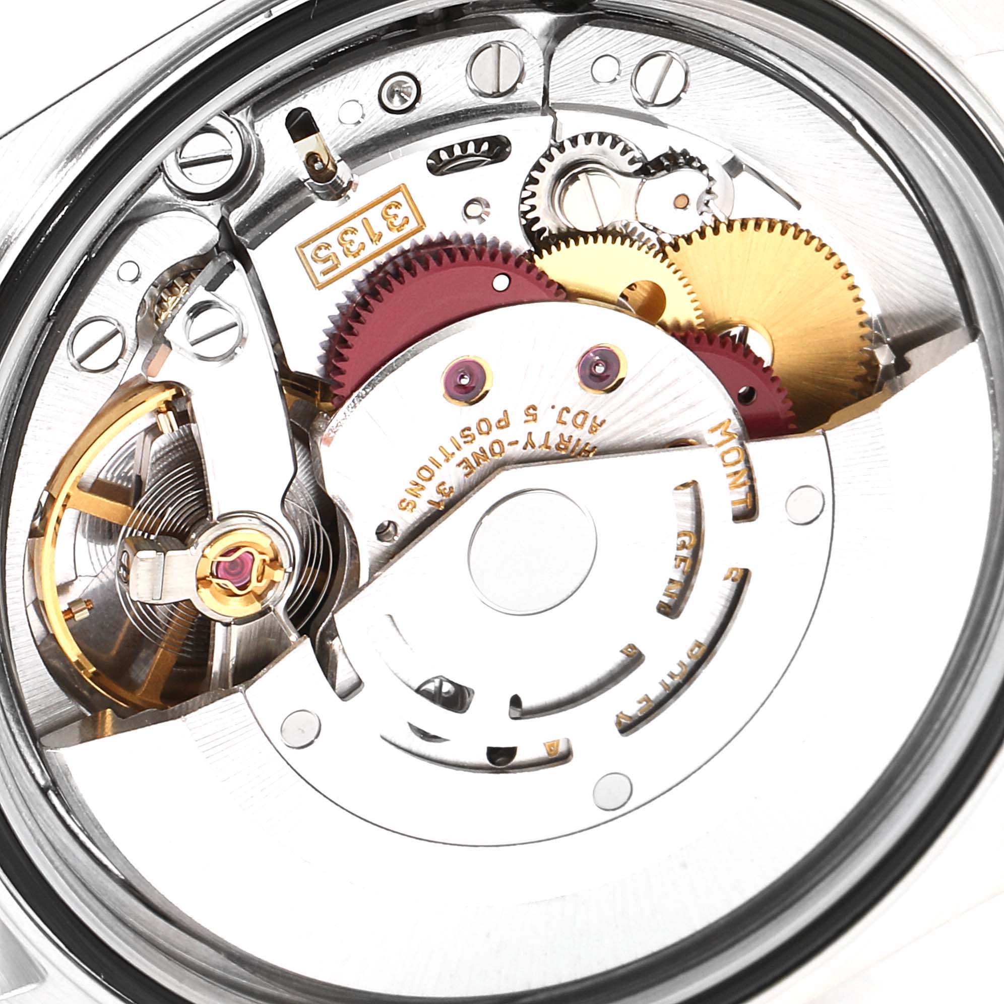 This image shows the internal mechanical movement parts of a Rolex Datejust 16233 Men's Steel and Gold (two tone) Champagne Dial 16233 Men's Steel and Gold (two tone) Champagne Dial watch from a back angle.
