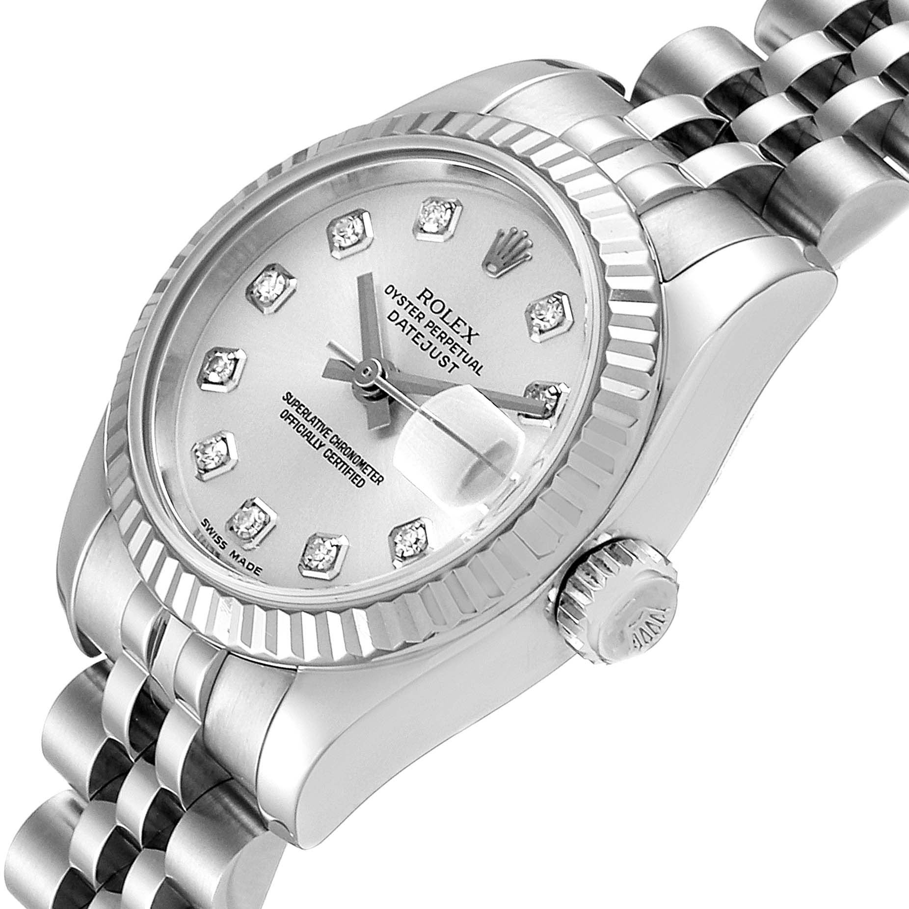The Rolex Datejust 179174 Women's Stainless Steel Silver Dial 179174 Women's Stainless Steel Silver Dial watch is shown at an oblique angle, highlighting its dial, bezel, crown, and partial bracelet.