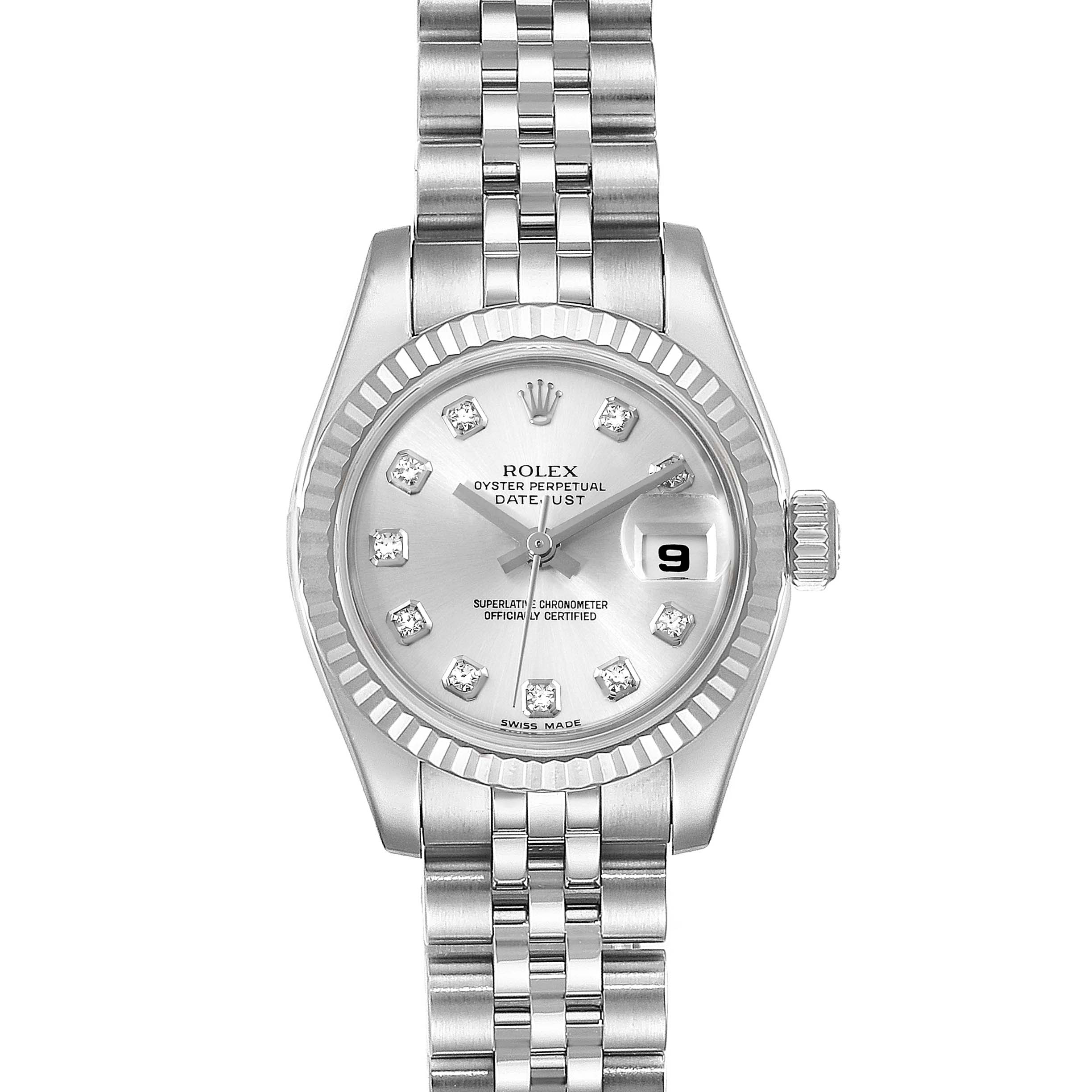 This image shows a frontal view of the Rolex Datejust 179174 Women's Stainless Steel Silver Dial 179174 Women's Stainless Steel Silver Dial watch, highlighting its silver dial, fluted bezel, and Jubilee bracelet.
