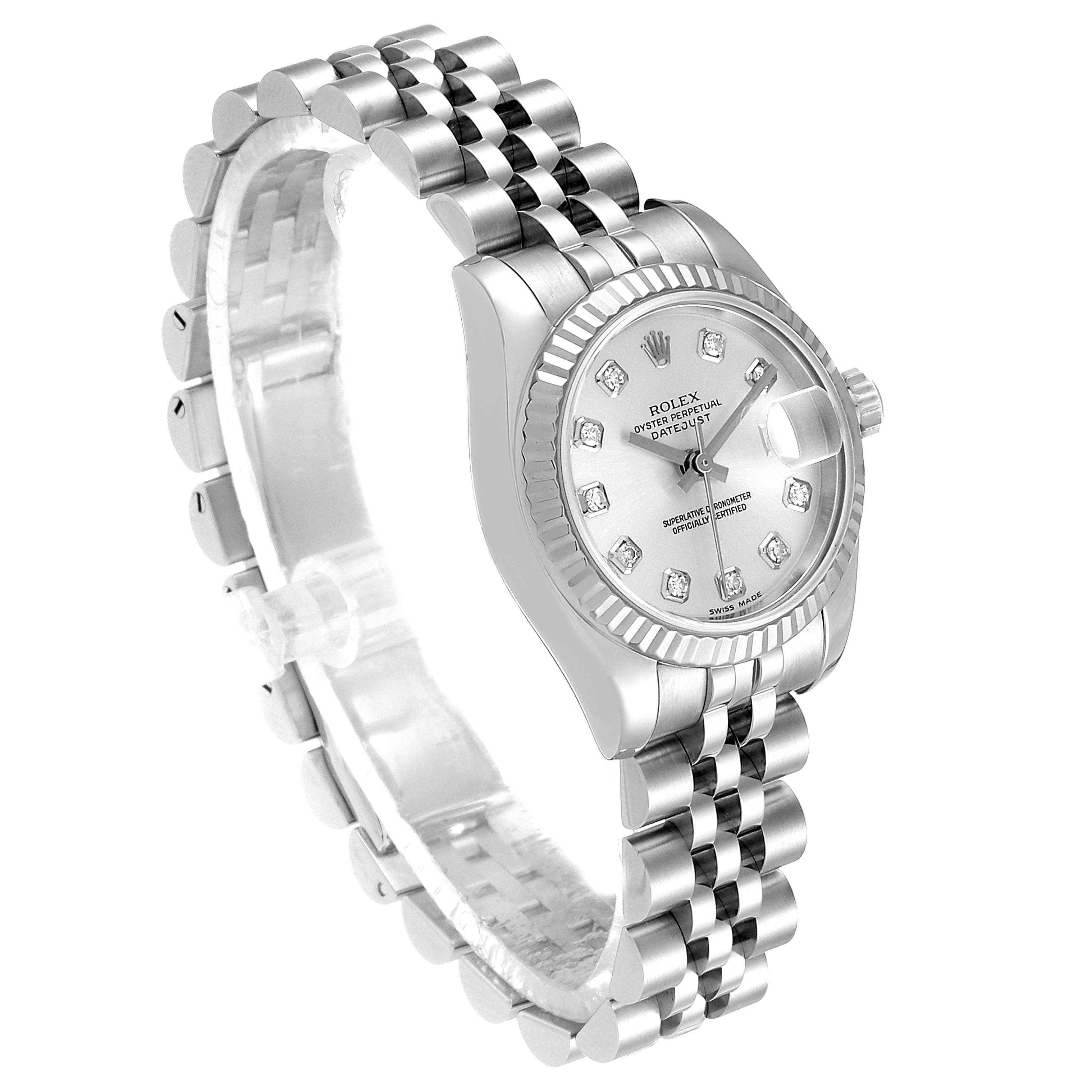 This image shows a Rolex Datejust 179174 Women's Stainless Steel Silver Dial 179174 Women's Stainless Steel Silver Dial watch from a three-quarter angle, displaying the bracelet, case, bezel, dial, and hands.