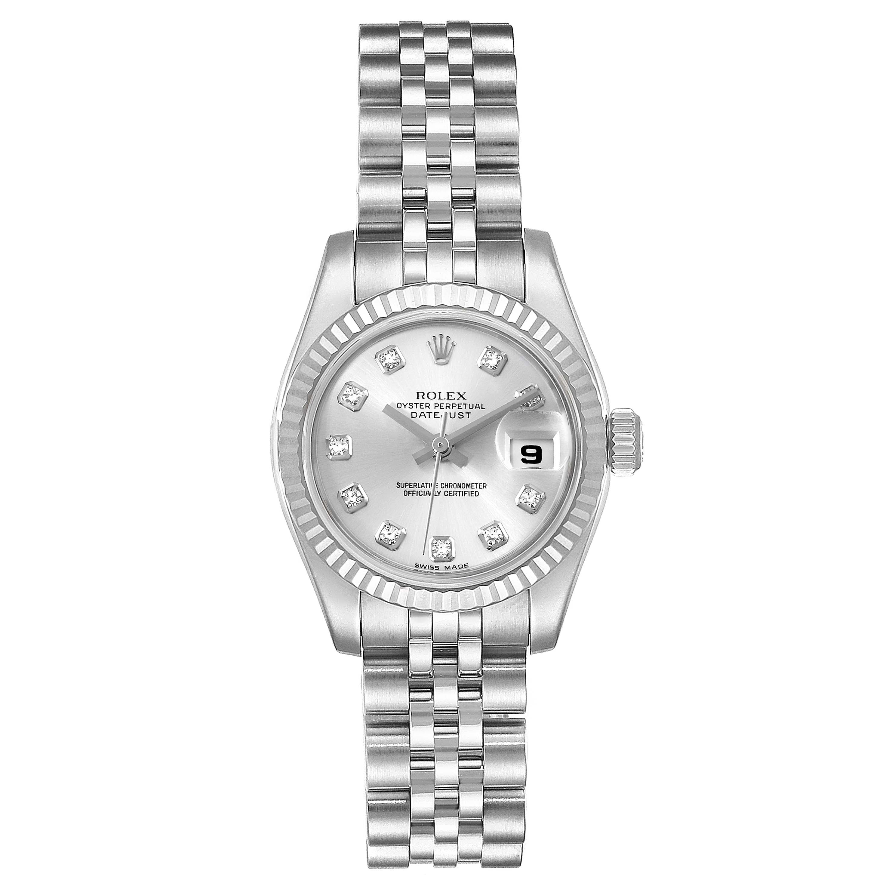 This image shows a front view of a Rolex Datejust 179174 Women's Stainless Steel Silver Dial 179174 Women's Stainless Steel Silver Dial watch, displaying its dial, bezel, bracelet, and crown.