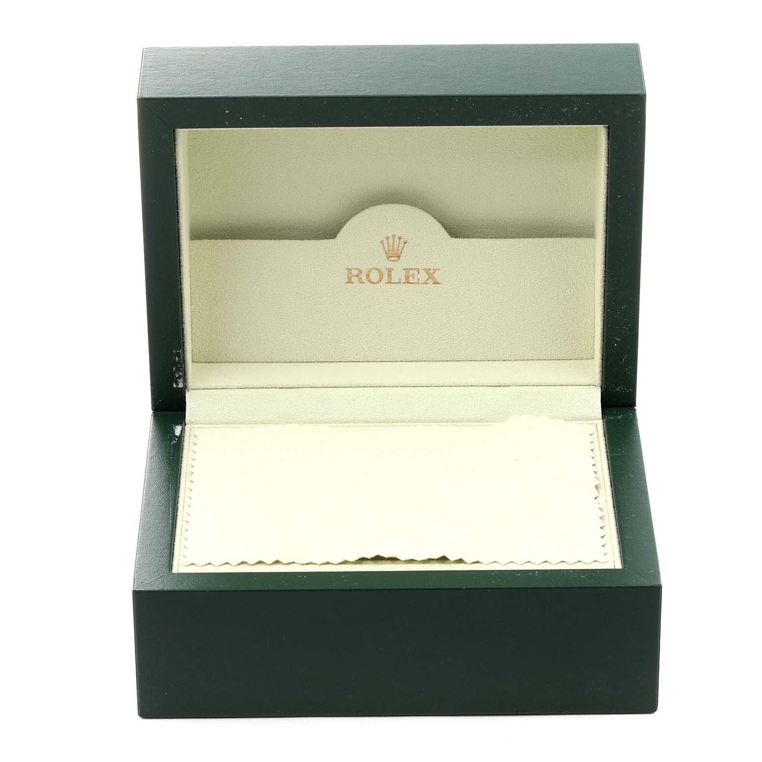 The image shows an open Rolex Datejust 179174 Women's Stainless Steel Silver Dial 179174 Women's Stainless Steel Silver Dial watch box, displaying its inner cushion and the Rolex logo inside.