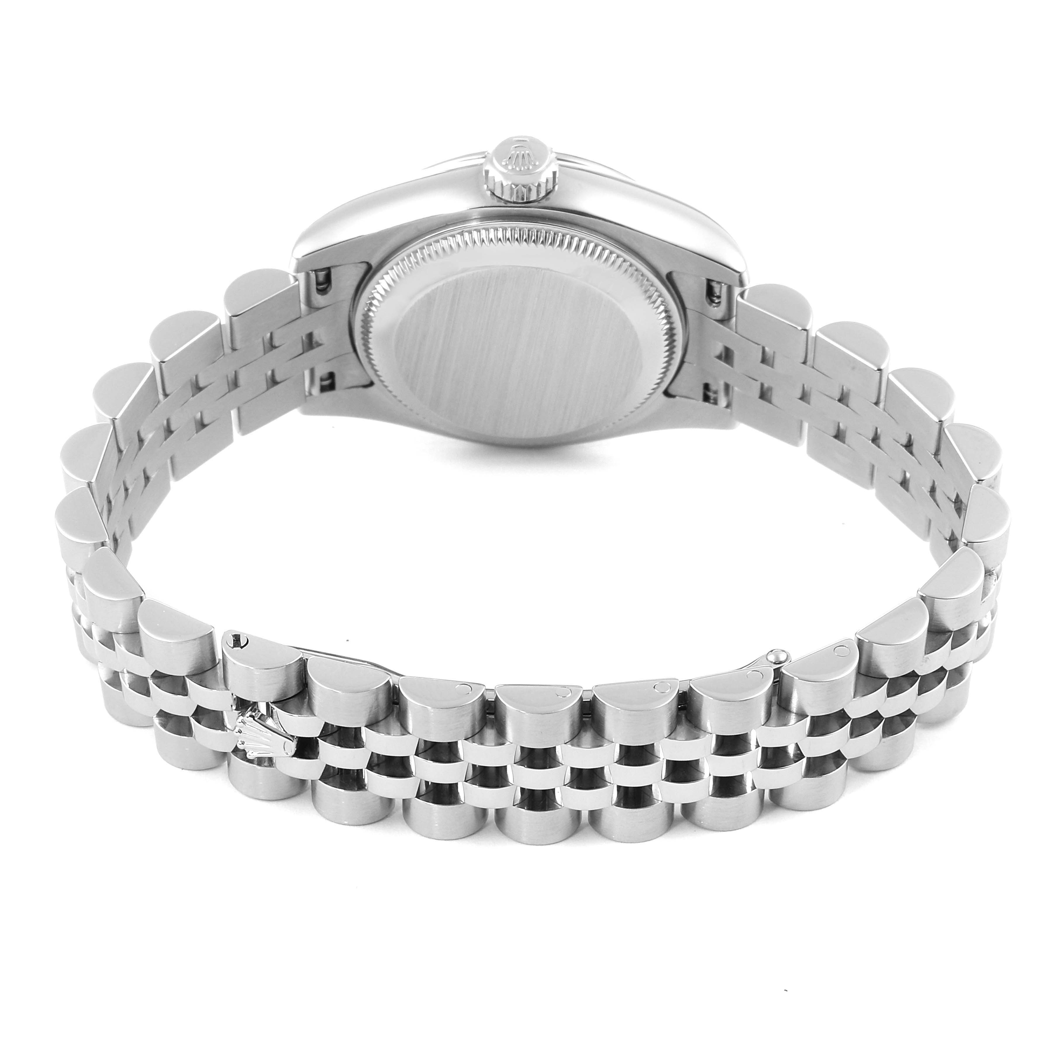 This image shows the back view of a Rolex Datejust 179174 Women's Stainless Steel Silver Dial 179174 Women's Stainless Steel Silver Dial watch, highlighting its case, crown, and Jubilee bracelet.