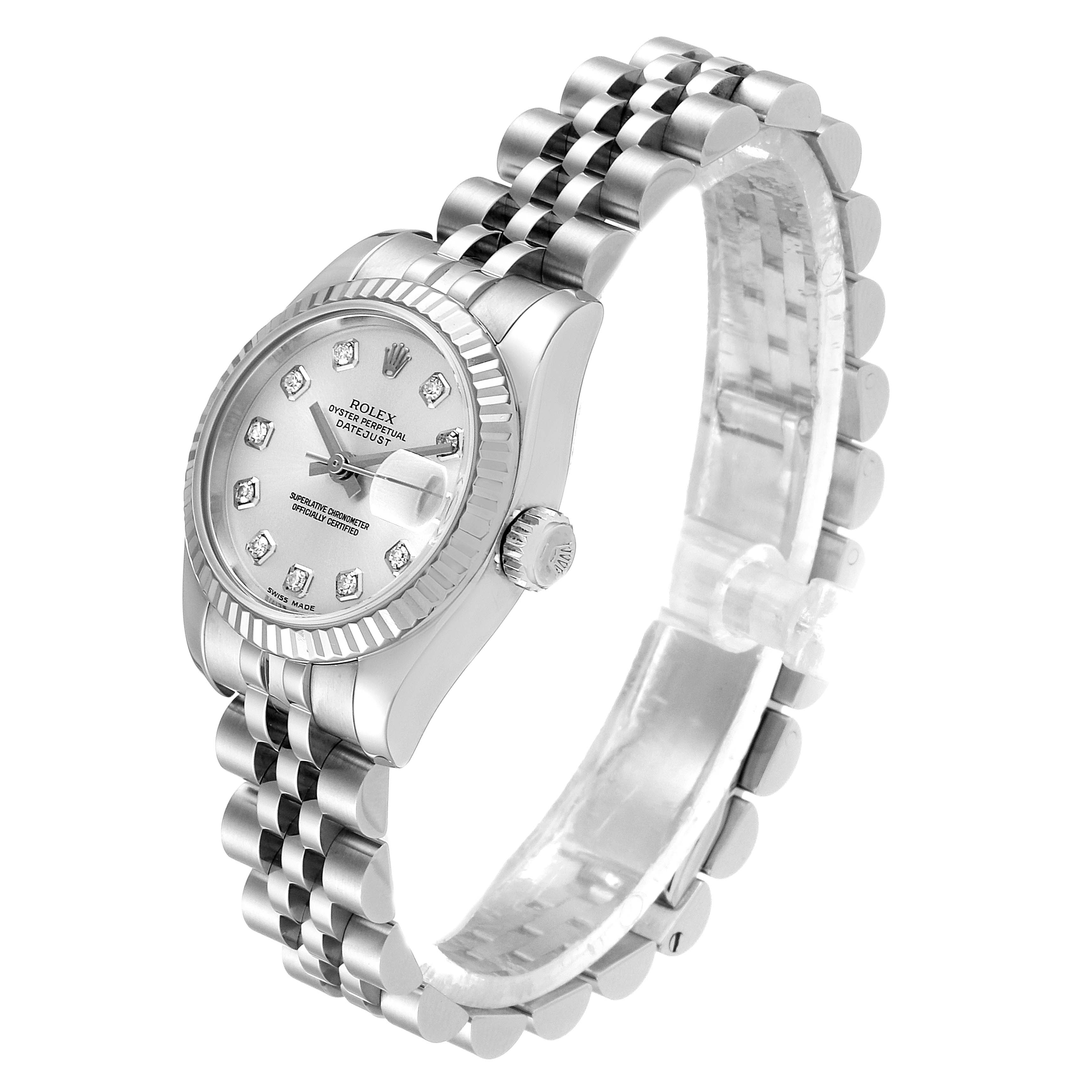 The image shows a Rolex Datejust 179174 Women's Stainless Steel Silver Dial 179174 Women's Stainless Steel Silver Dial watch at an angled side view, highlighting the dial, bracelet, and crown.