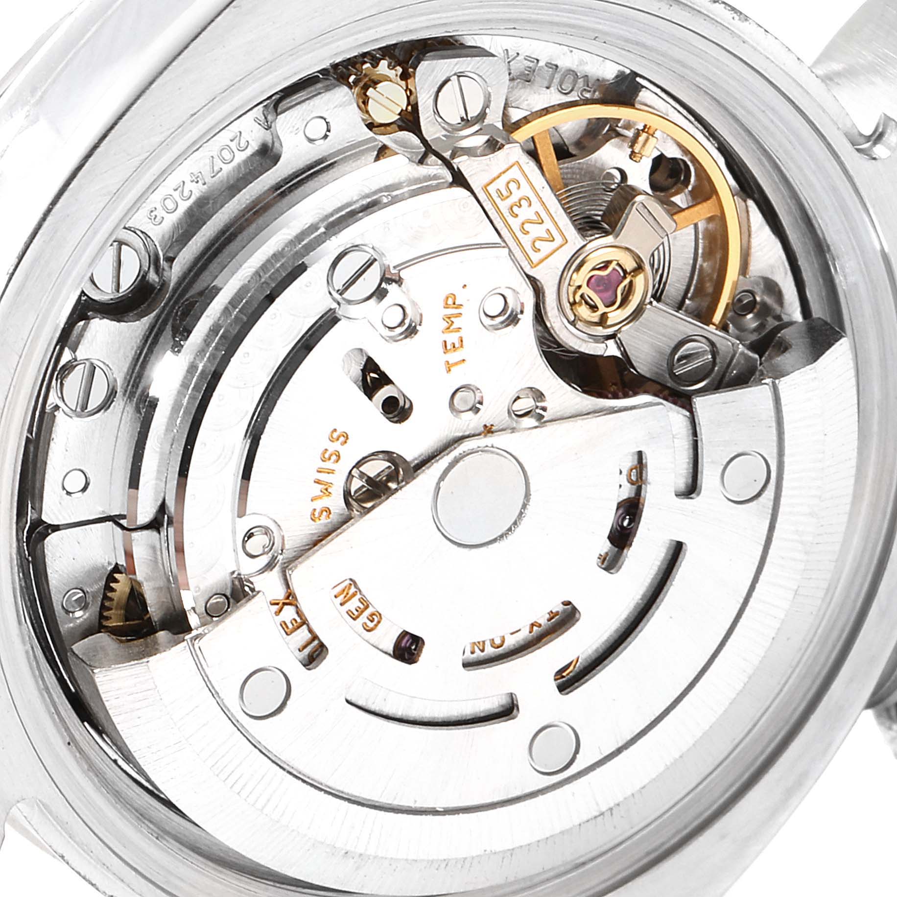The image shows a close-up view of the internal mechanical movement of a Rolex Datejust 179174 Women's Stainless Steel Silver Dial 179174 Women's Stainless Steel Silver Dial watch.