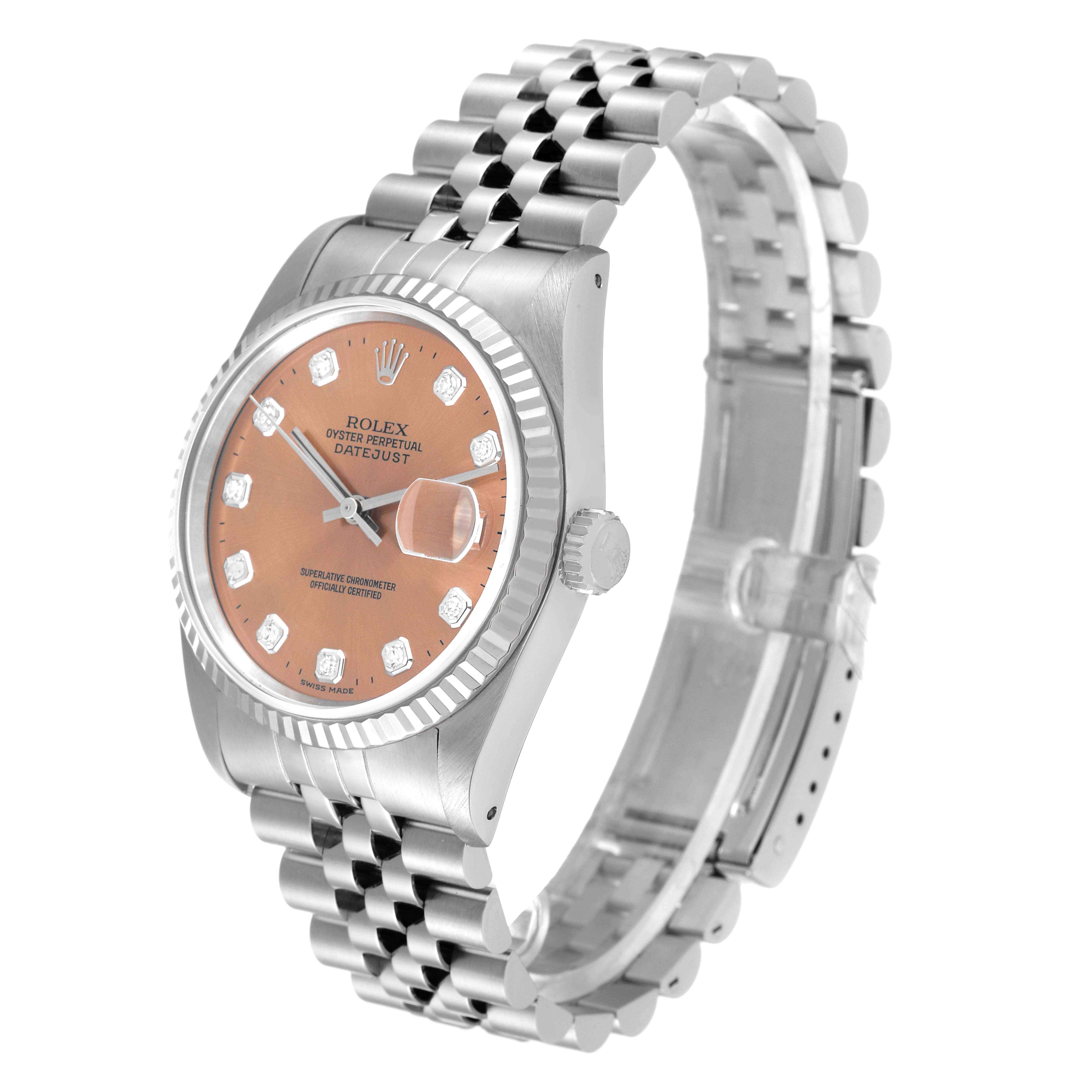 The image showcases a Rolex Datejust 16234 Men's Stainless Steel Pink Dial 16234 Men's Stainless Steel Pink Dial watch from a 3/4 angle, highlighting its dial, bezel, crown, and jubilee bracelet.