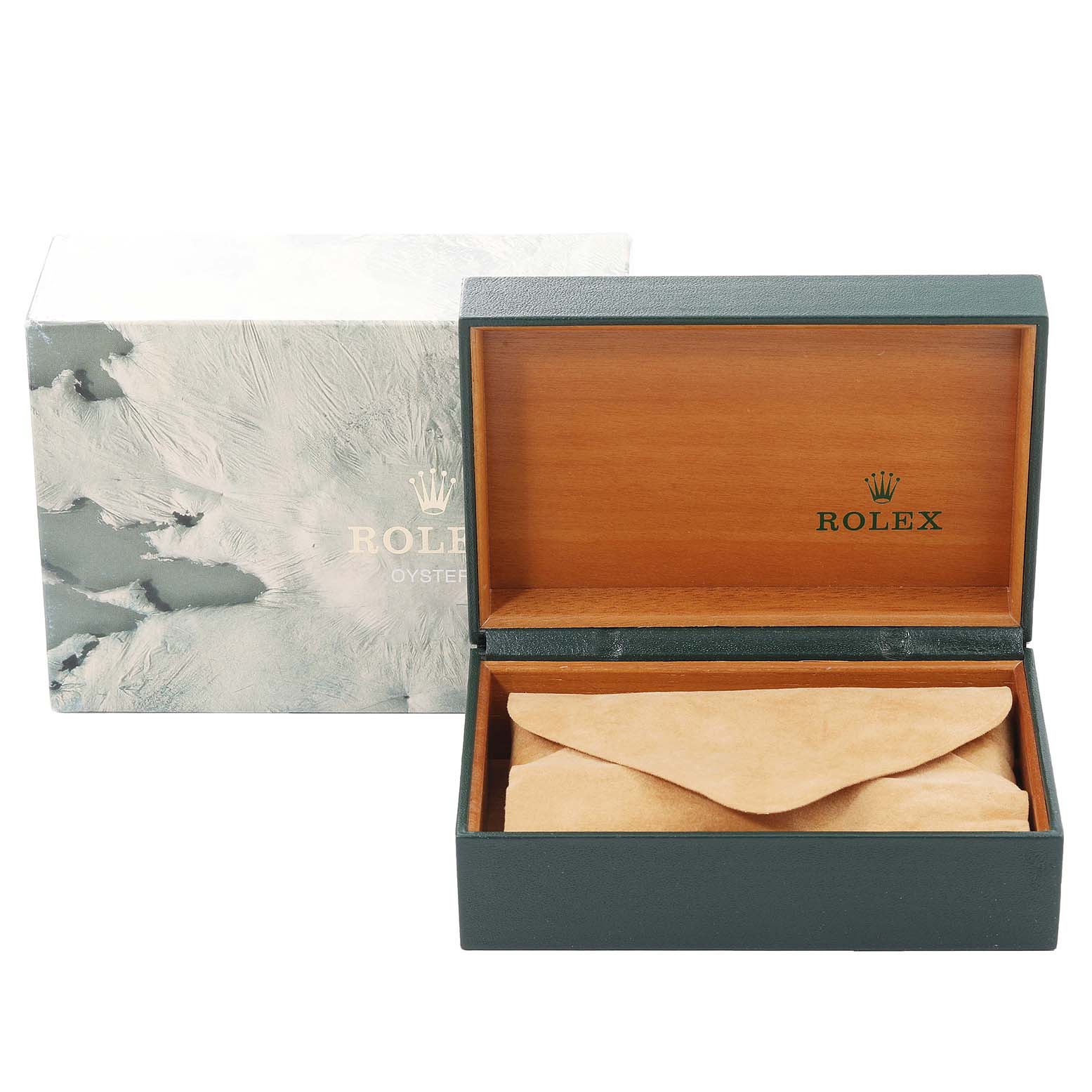 The image shows the open box and outer packaging for a Rolex Datejust 16234 Men's Stainless Steel Pink Dial 16234 Men's Stainless Steel Pink Dial watch.