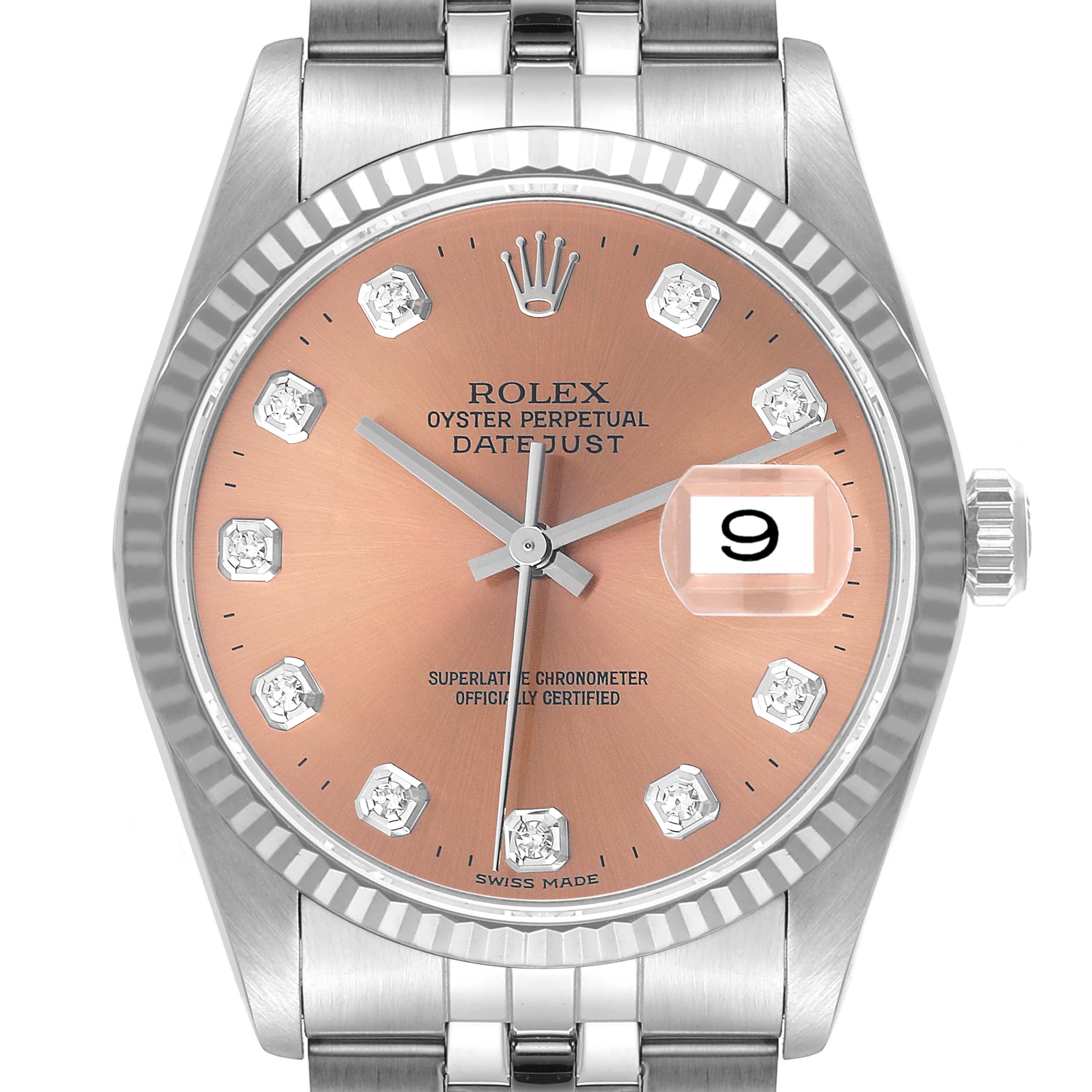 This image shows a front view of a Rolex Datejust 16234 Men's Stainless Steel Pink Dial 16234 Men's Stainless Steel Pink Dial watch with a fluted bezel and diamond hour markers.