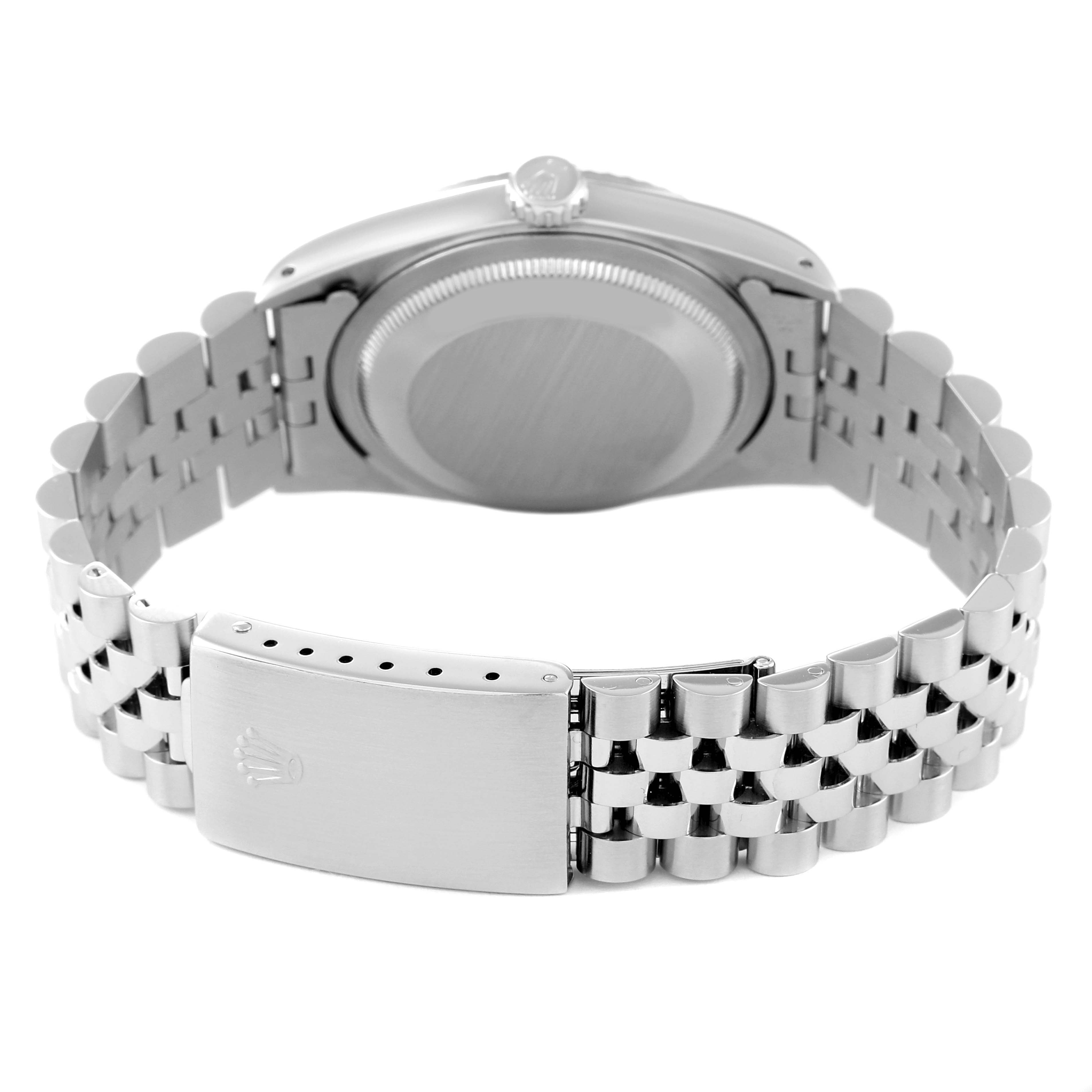 The image shows the back view and clasp of a Rolex Datejust 16234 Men's Stainless Steel Pink Dial 16234 Men's Stainless Steel Pink Dial model, highlighting the bracelet and case back.