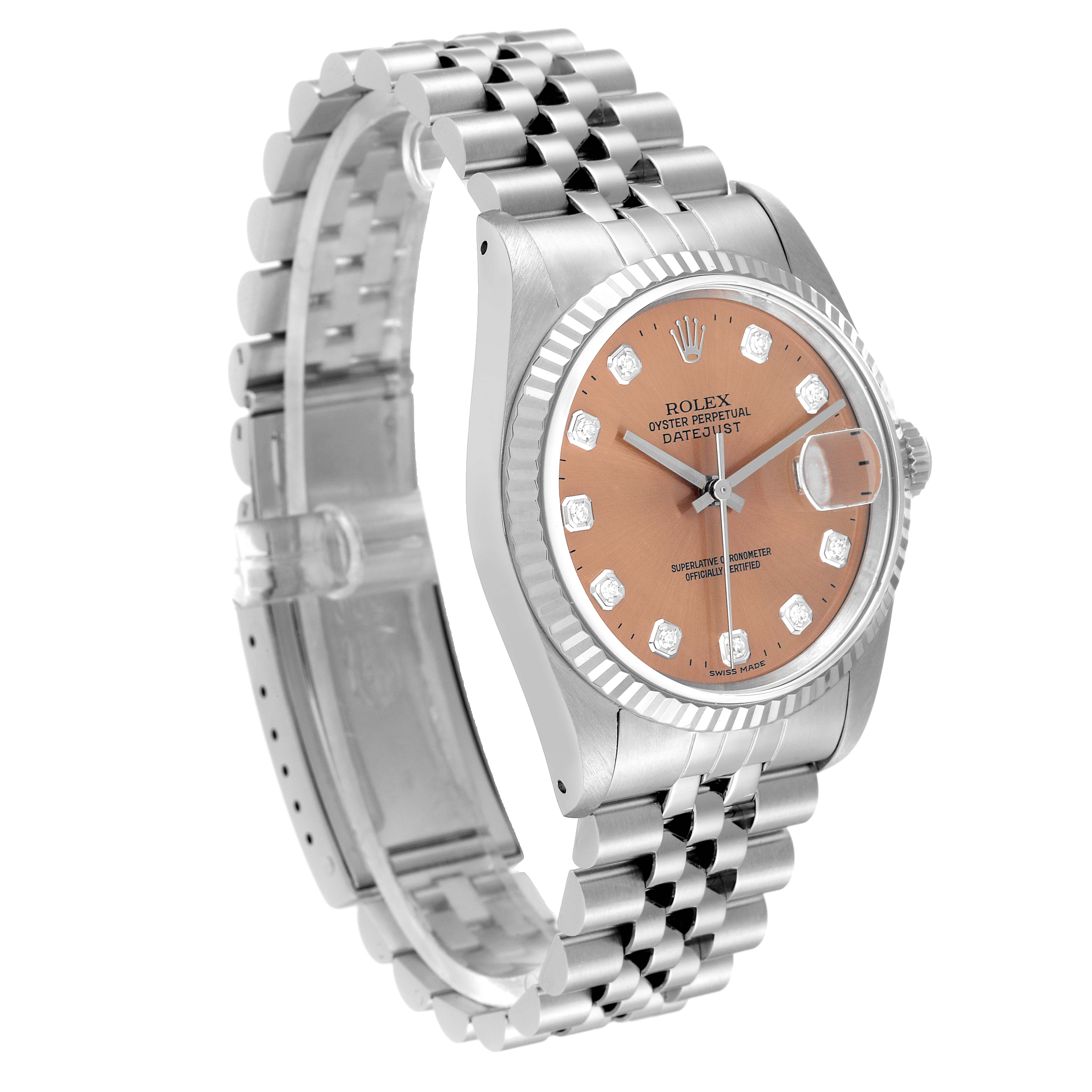 The Rolex Datejust 16234 Men's Stainless Steel Pink Dial 16234 Men's Stainless Steel Pink Dial watch is shown at a three-quarter angle, highlighting the bracelet, case, and dial.