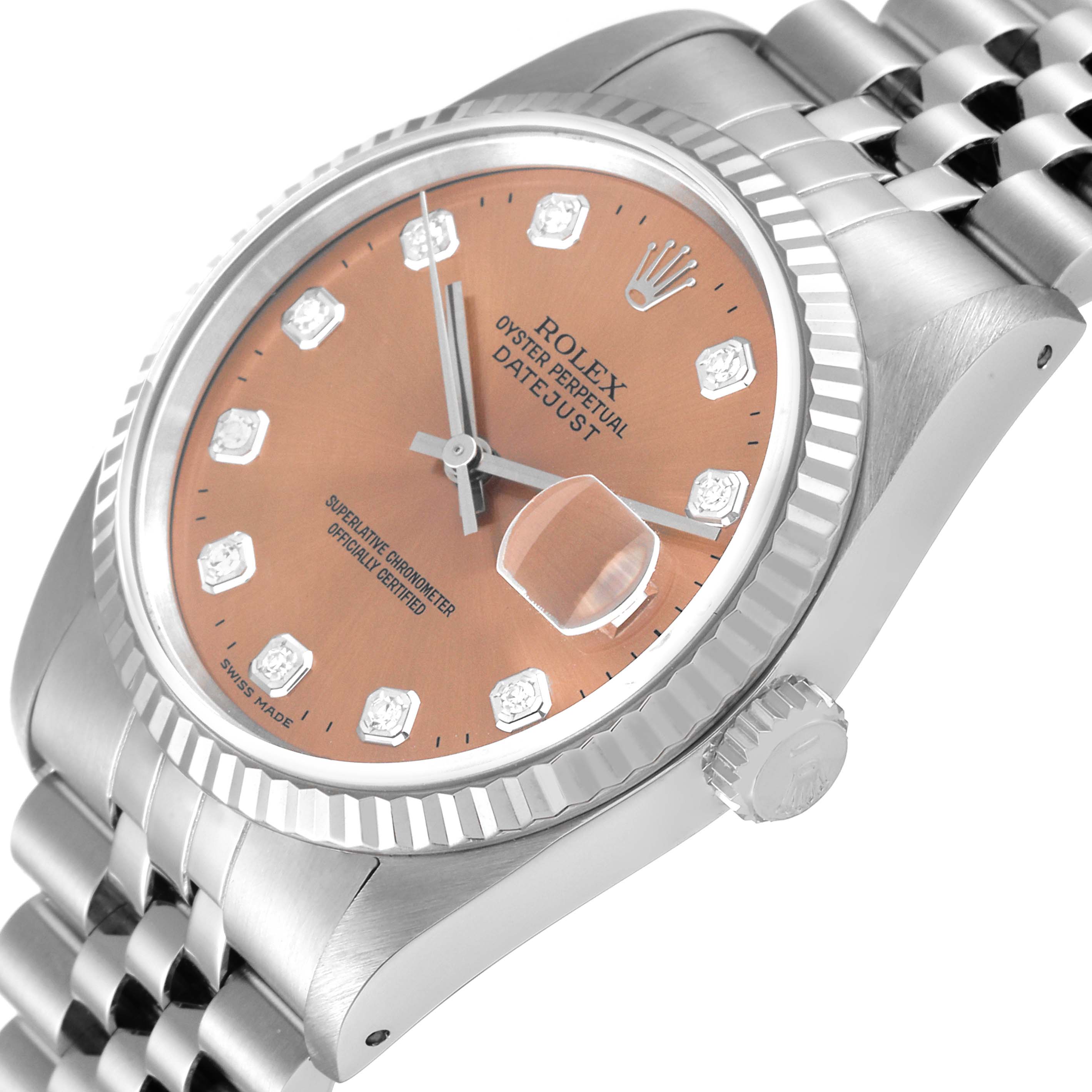 This image shows a Rolex Datejust 16234 Men's Stainless Steel Pink Dial 16234 Men's Stainless Steel Pink Dial watch at an oblique angle, highlighting its face, bezel, crown, and part of its bracelet.