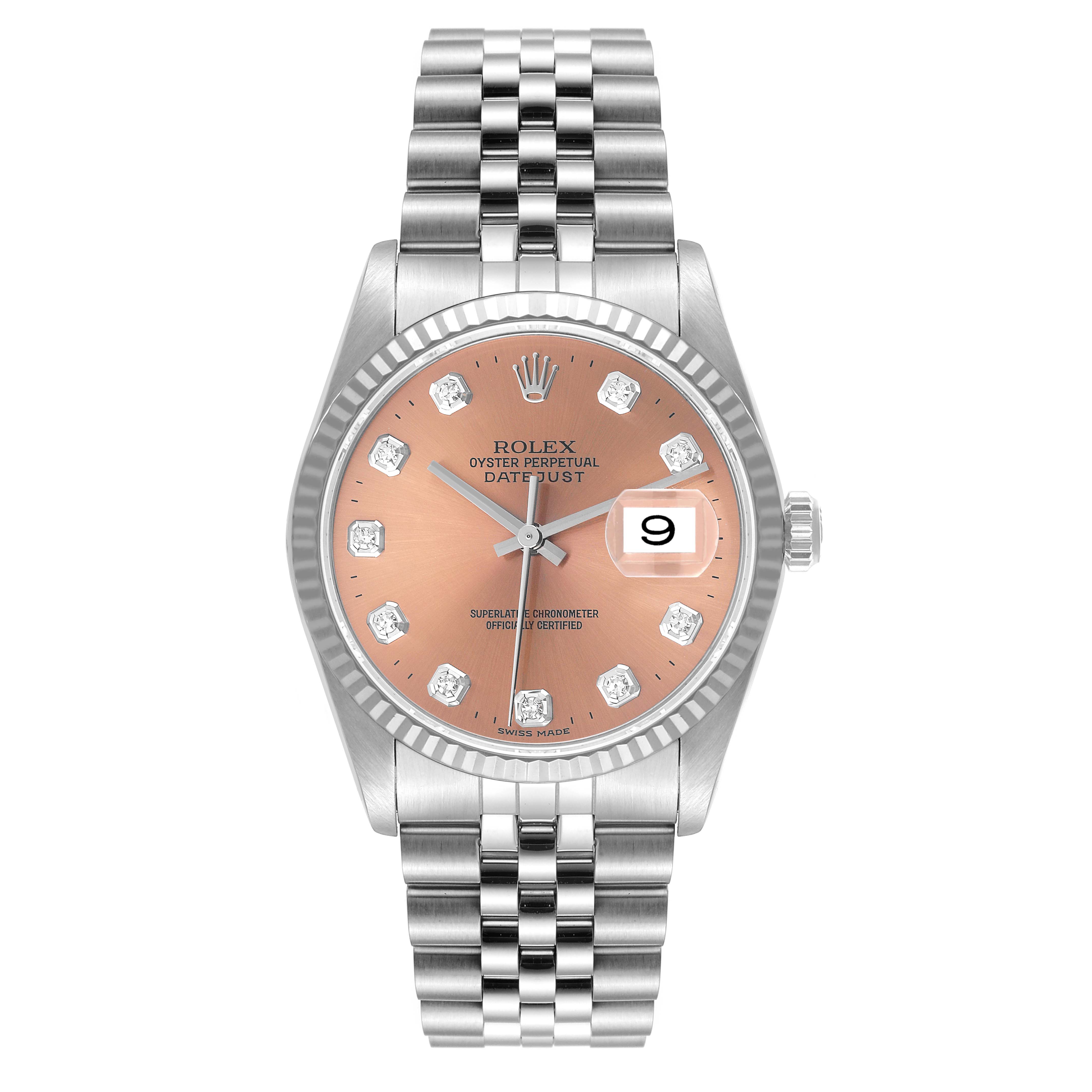 The image shows a frontal view of a Rolex Datejust 16234 Men's Stainless Steel Pink Dial 16234 Men's Stainless Steel Pink Dial watch, highlighting its dial, bezel, and bracelet.