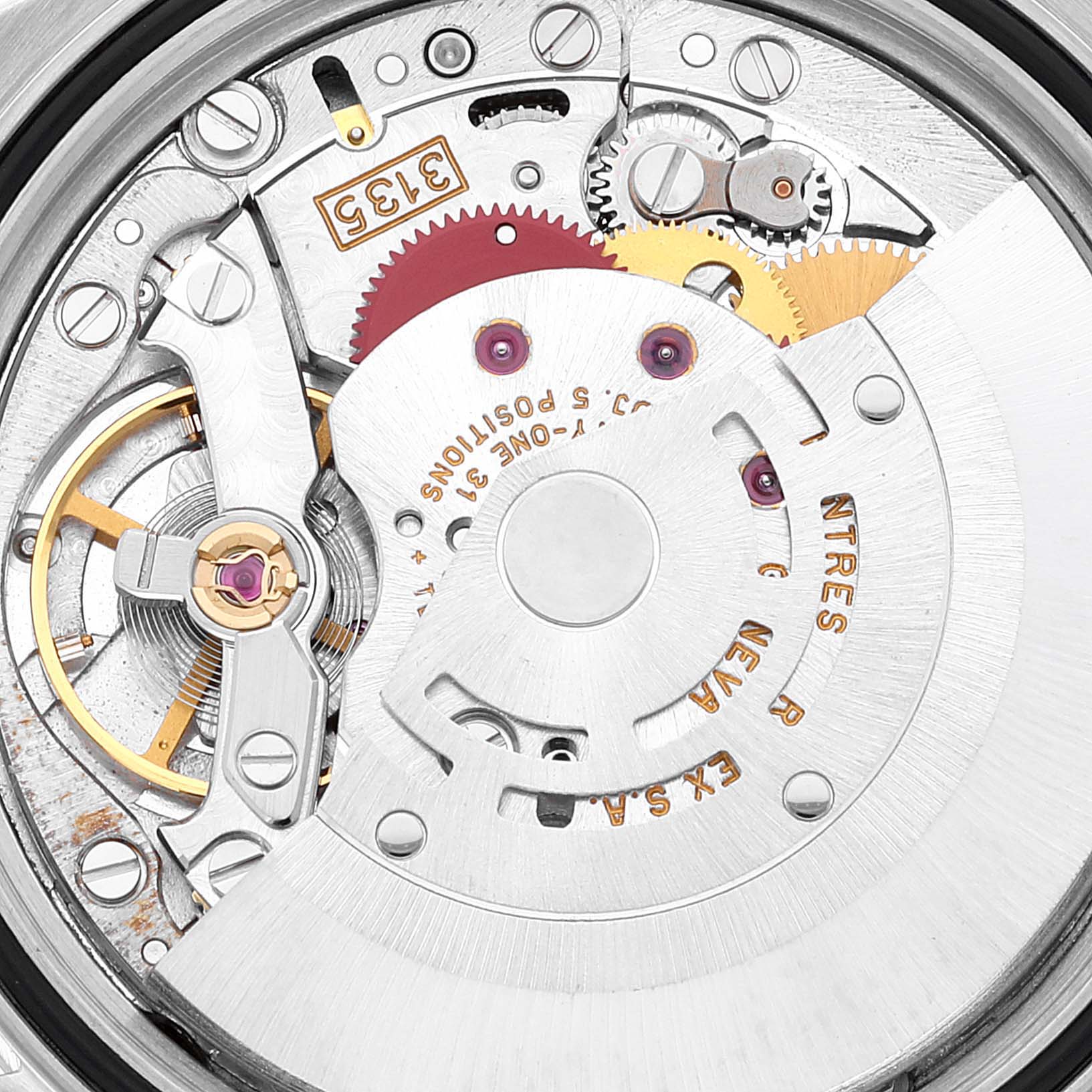 This image shows an internal view of the movement and gears of a Rolex Datejust 16234 Men's Stainless Steel Pink Dial 16234 Men's Stainless Steel Pink Dial watch.