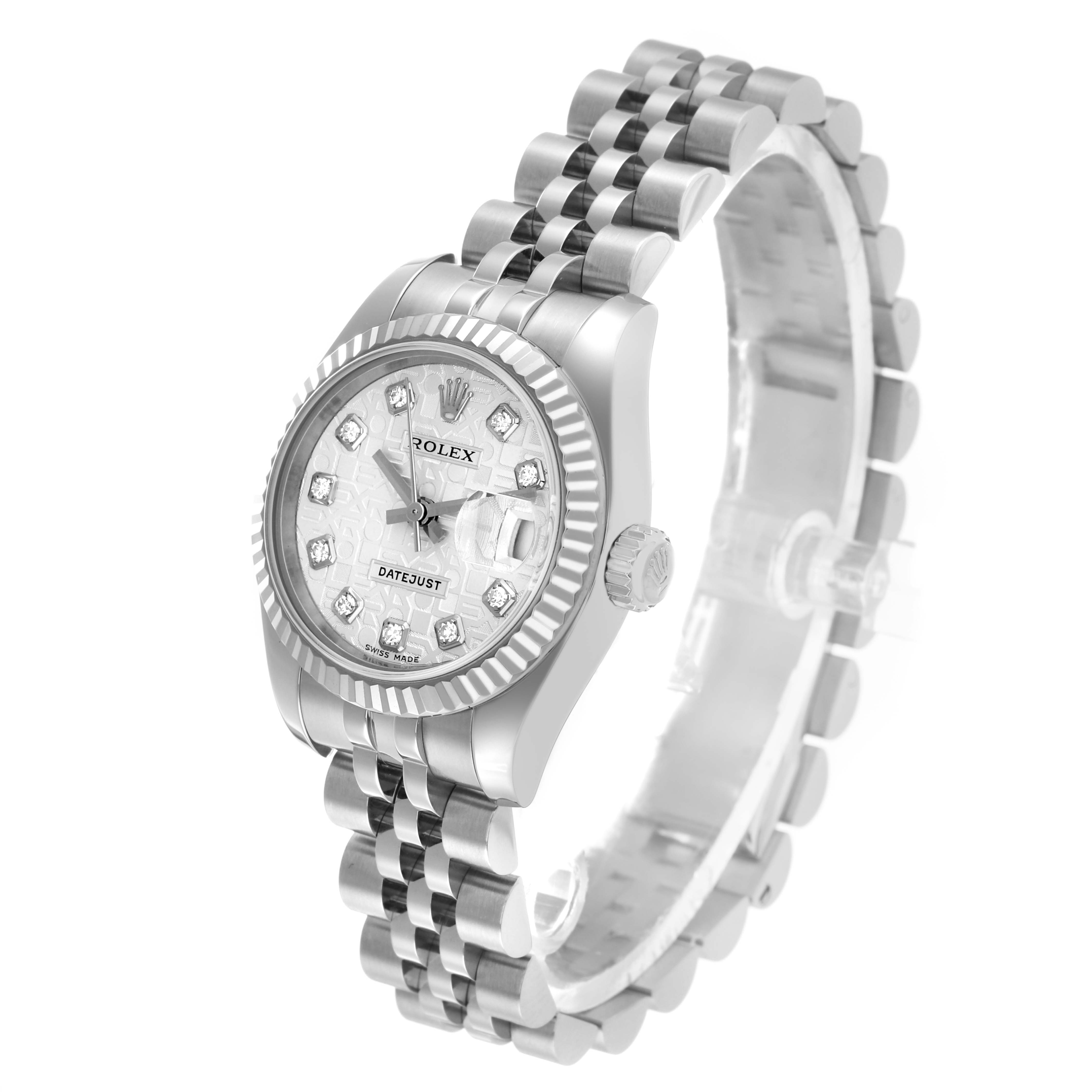 The Rolex Datejust 179174 Women's Stainless Steel Silver Dial watch is shown at a three-quarter angle, displaying its face, bezel, crown, and Jubilee bracelet.
