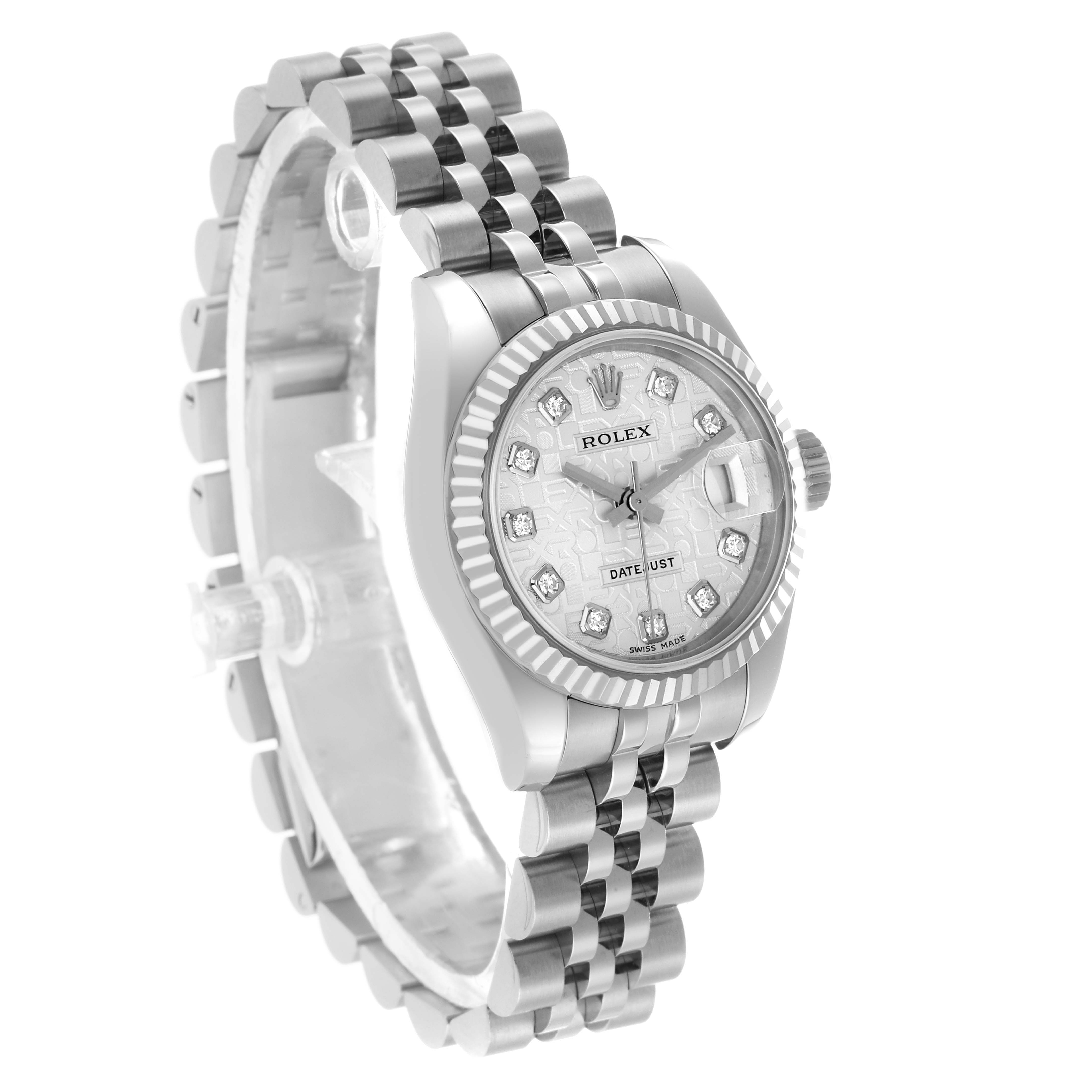 The Rolex Datejust 179174 Women's Stainless Steel Silver Dial watch is shown at a slanted side view, displaying the face, bezel, crown, and part of the bracelet.