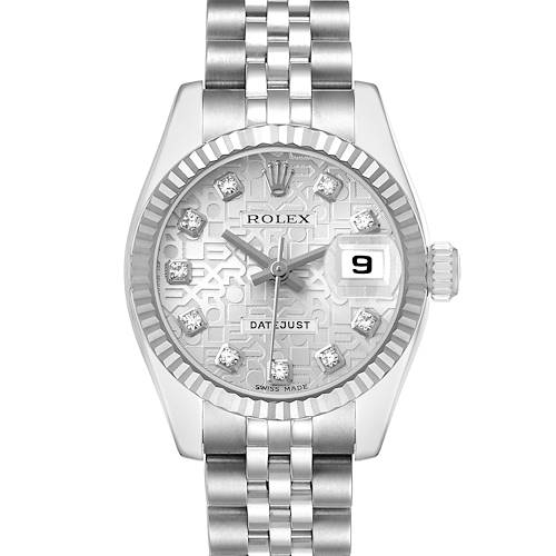 The Rolex Datejust 179174 Women's Stainless Steel Silver Dial watch is shown from a front angle, featuring its dial, bezel, crown, and bracelet.