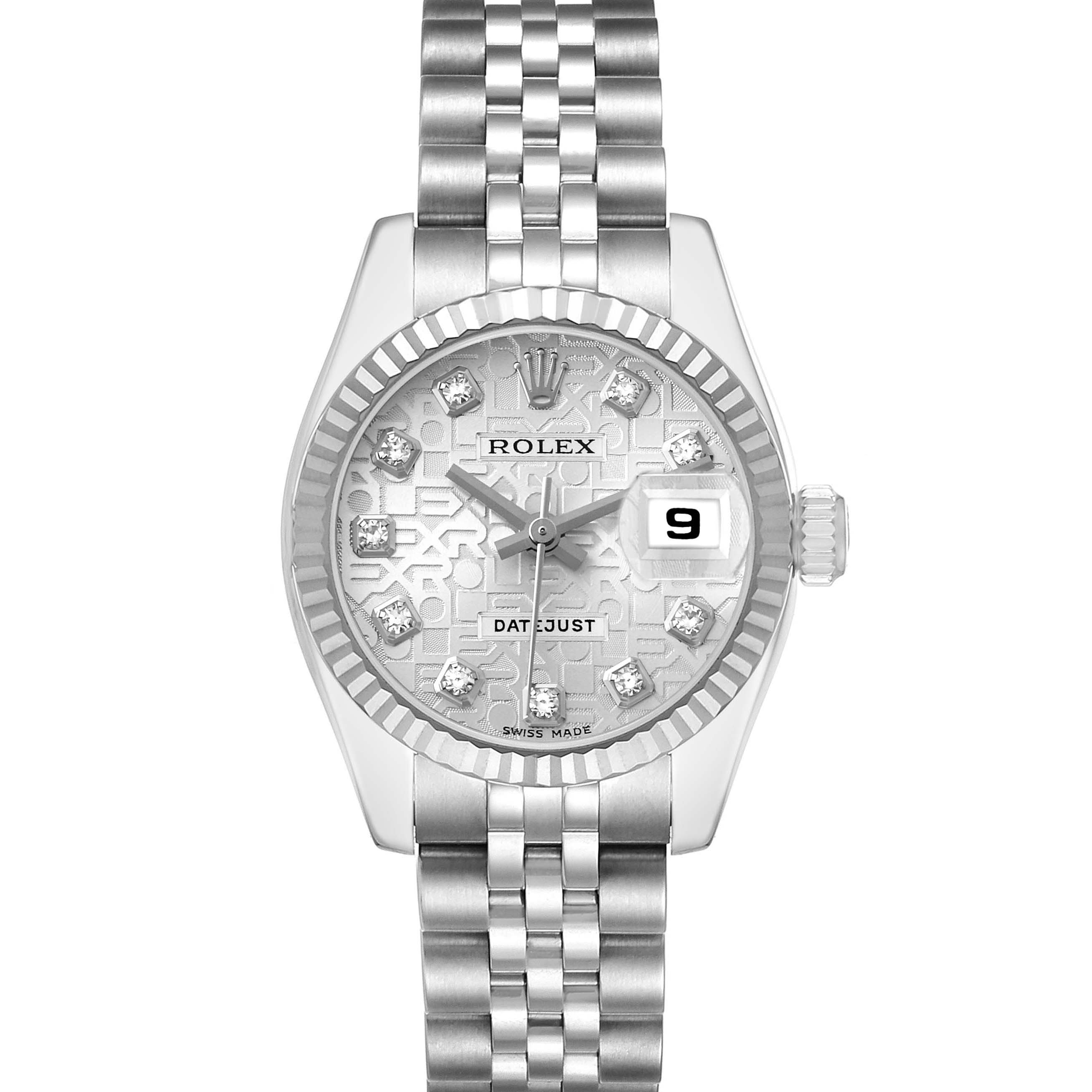 The Rolex Datejust 179174 Women's Stainless Steel Silver Dial watch is shown from a front angle, displaying the dial, bezel, bracelet, and crown.