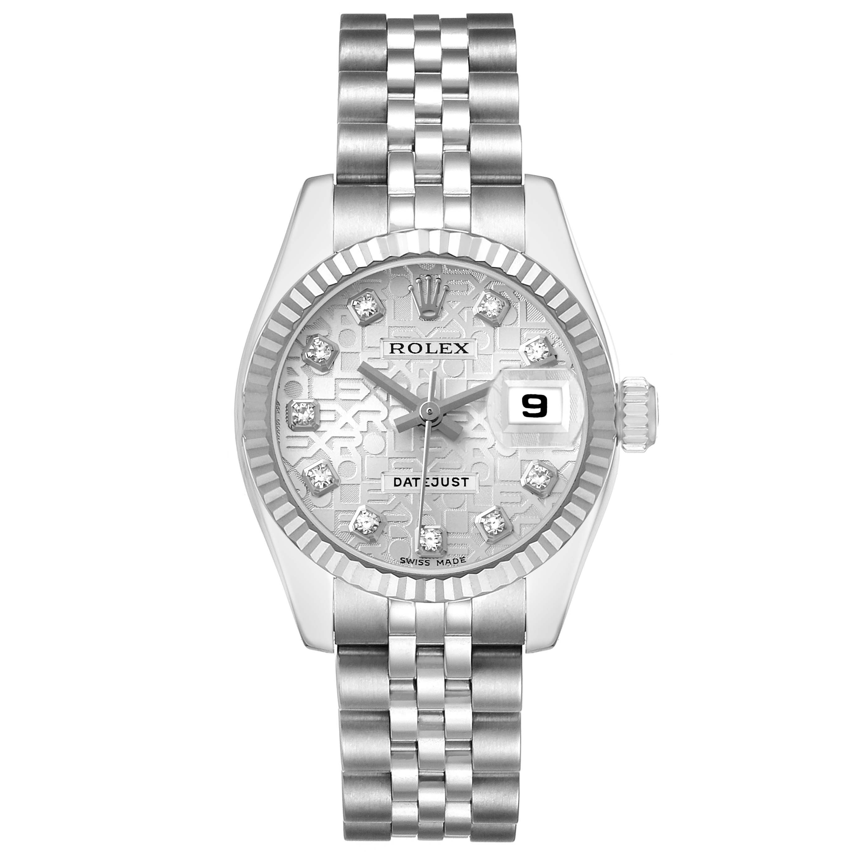 The image shows a front view of a Rolex Datejust 179174 Women's Stainless Steel Silver Dial watch, displaying the dial, bezel, crown, and bracelet.