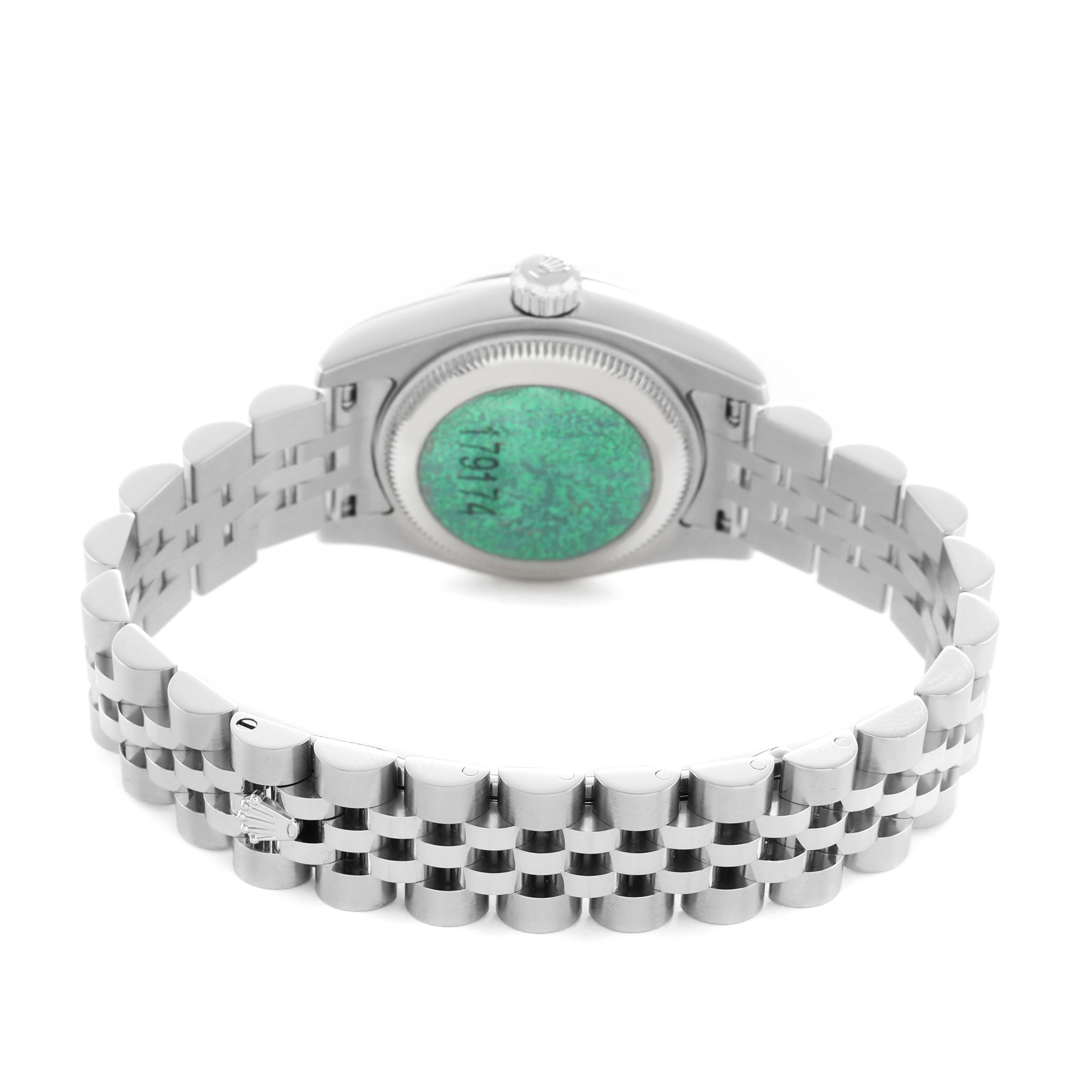 The image shows the back of a Rolex Datejust 179174 Women's Stainless Steel Silver Dial watch, highlighting the bracelet and case back with a holographic sticker.