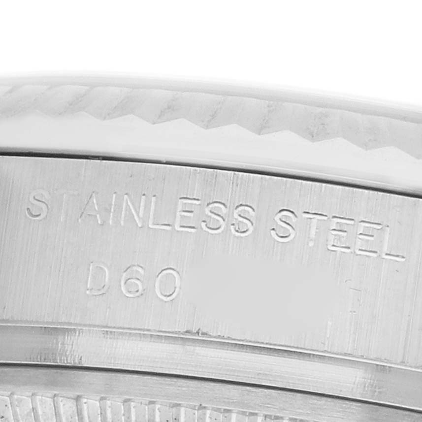 The image shows a close-up of the stainless steel case back of a Rolex Datejust 179174 Women's Stainless Steel Silver Dial watch.