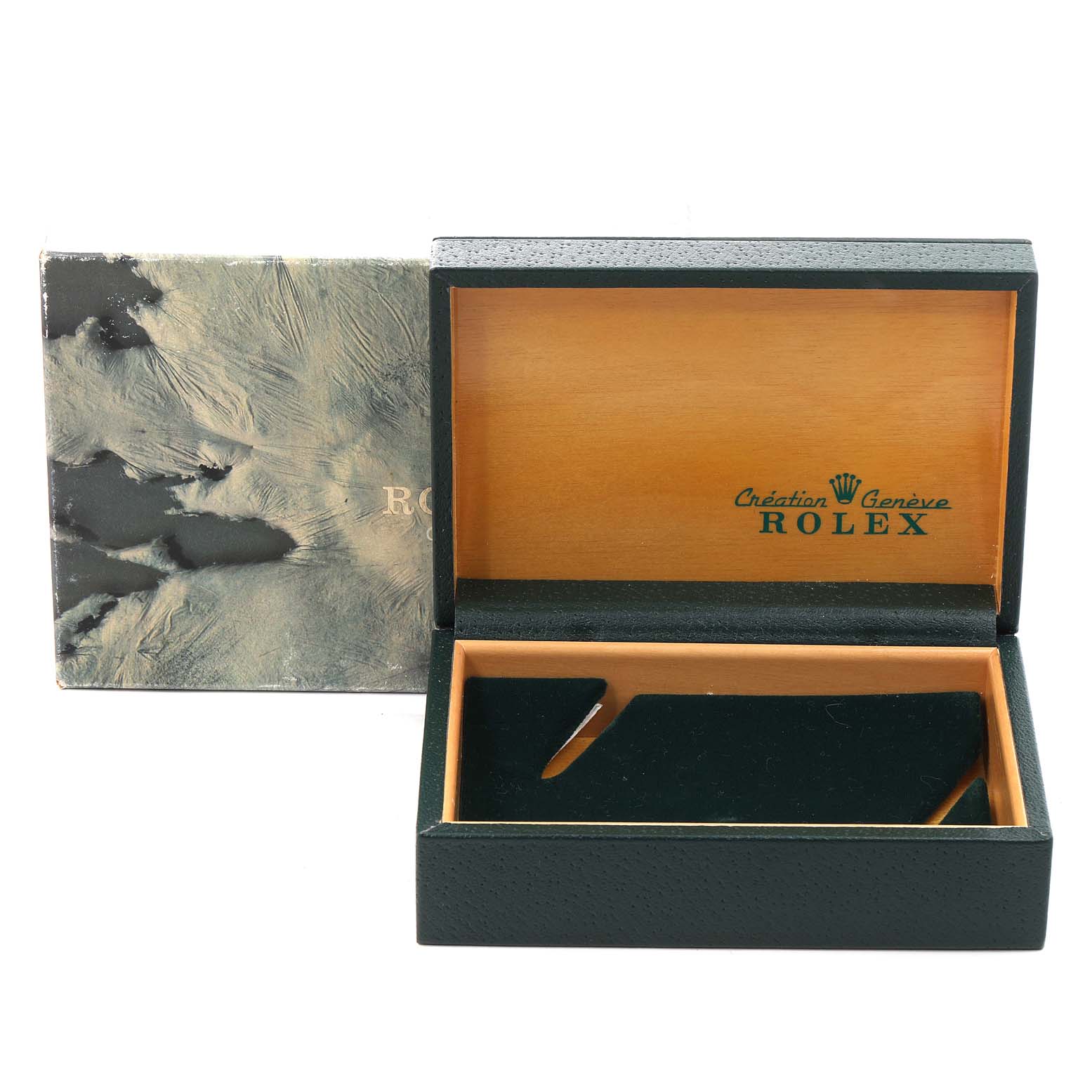 This image displays an open Rolex watch box and outer packaging for the Datejust model, with no watch inside.