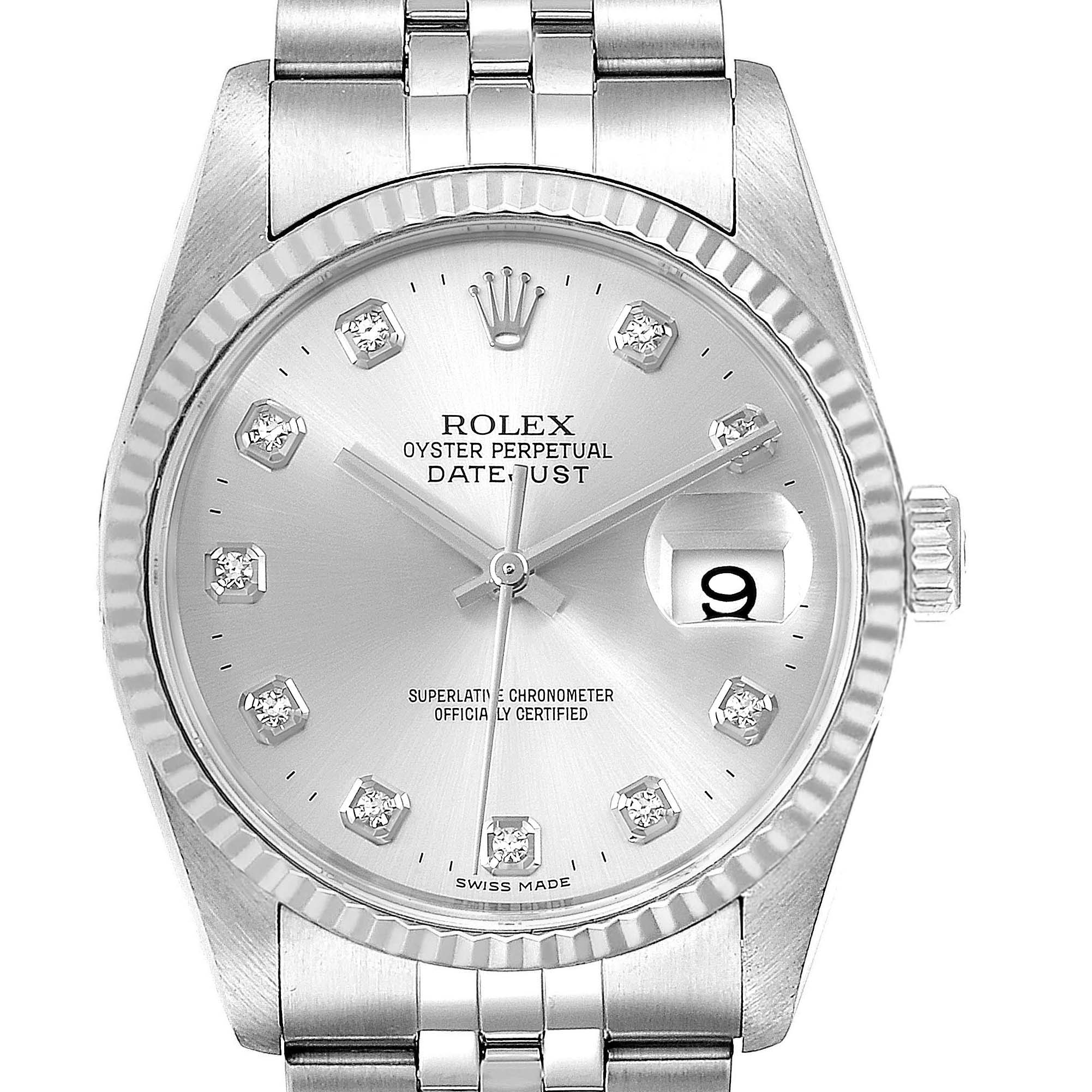 This is a front view of the Rolex Datejust 16234 Men's Stainless Steel Silver Dial 16234 Men's Stainless Steel Silver Dial watch, showcasing its dial, bezel, crown, and part of the bracelet.