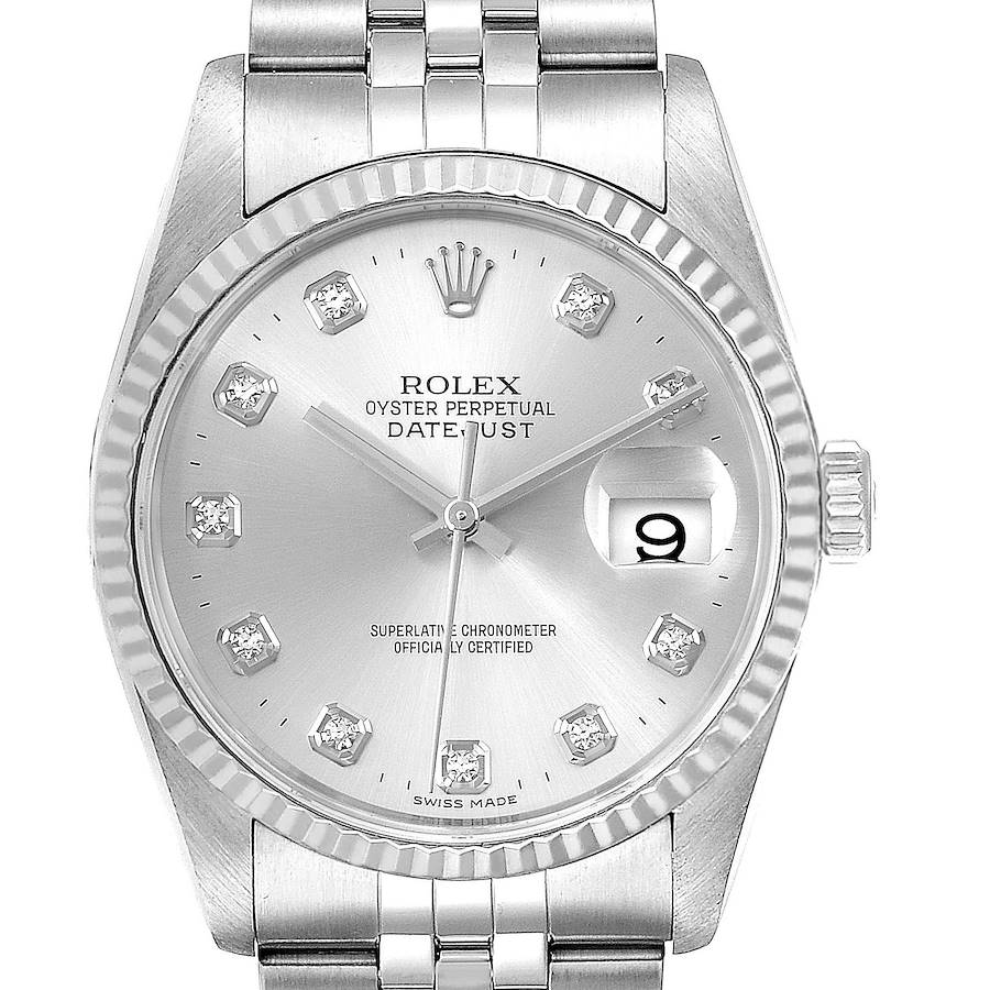 Rolex Datejust Steel White Gold Silver Diamond Dial Mens Watch 16234 Box SwissWatchExpo