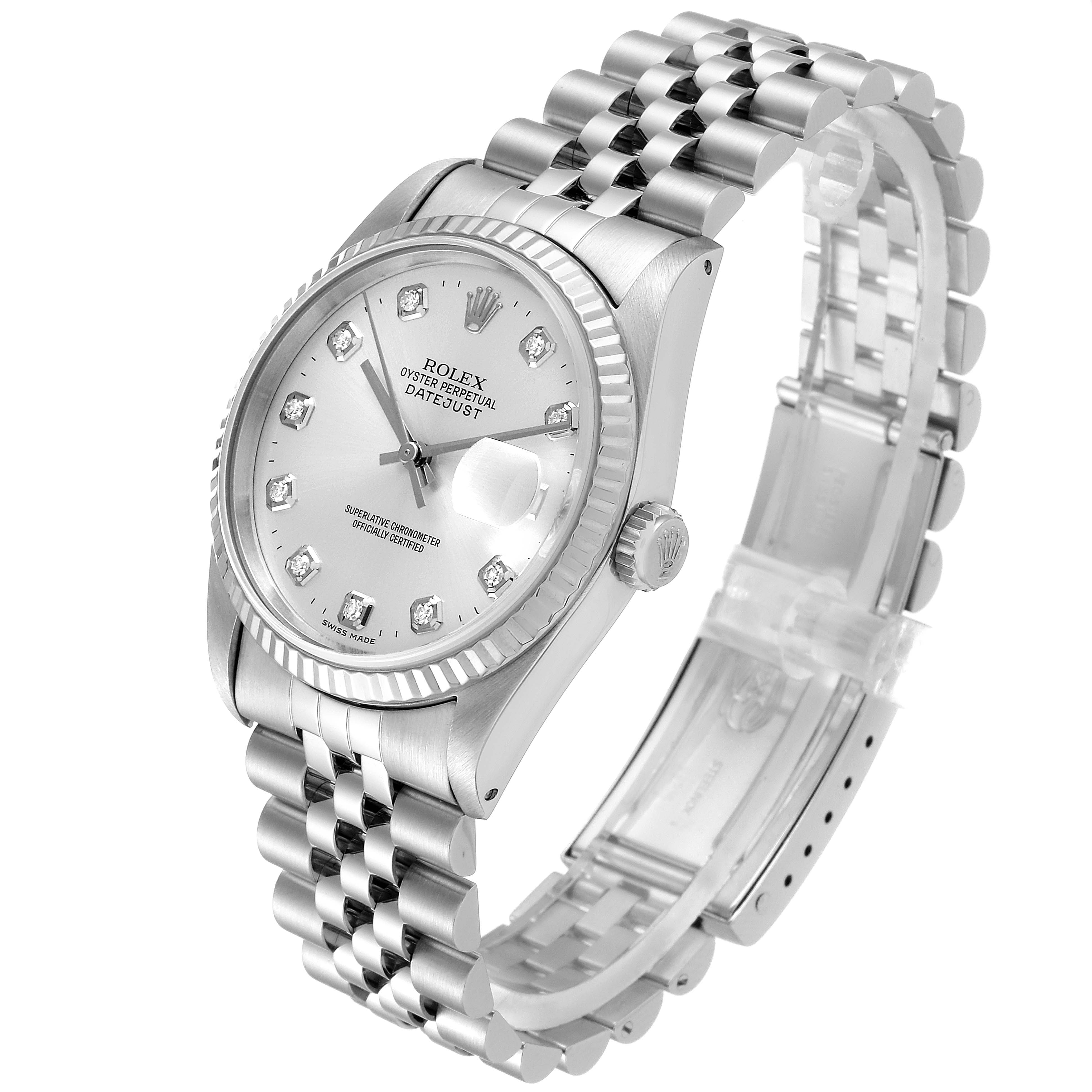 This image shows the front view of a Rolex Datejust 16234 Men's Stainless Steel Silver Dial 16234 Men's Stainless Steel Silver Dial watch, focusing on the dial, case, and bracelet.
