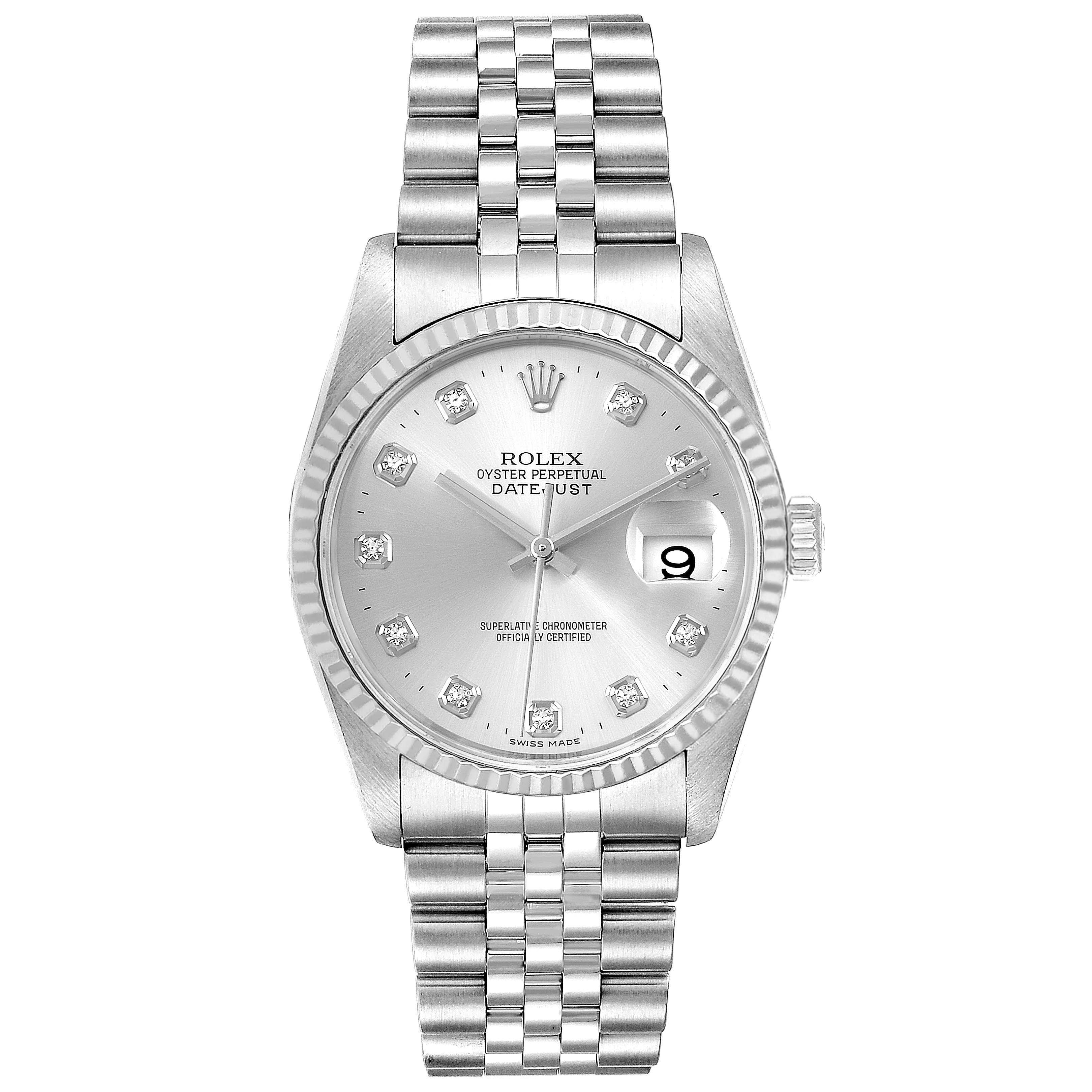 This image shows a frontal view of a Rolex Datejust 16234 Men's Stainless Steel Silver Dial 16234 Men's Stainless Steel Silver Dial watch, highlighting its face, bezel, and bracelet.