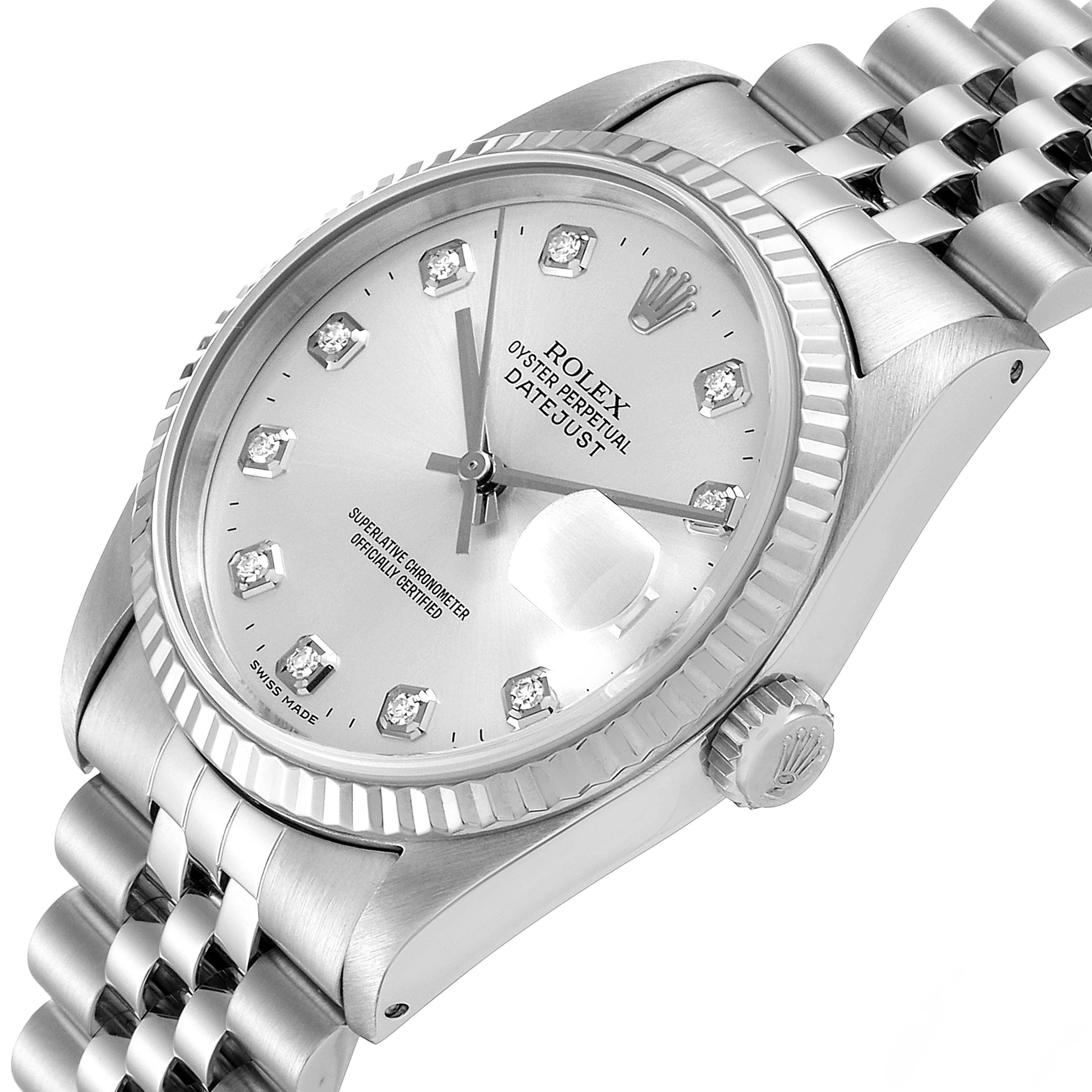 The image shows a Rolex Datejust 16234 Men's Stainless Steel Silver Dial 16234 Men's Stainless Steel Silver Dial watch from a tilted angle, highlighting its dial, bezel, crown, and bracelet.