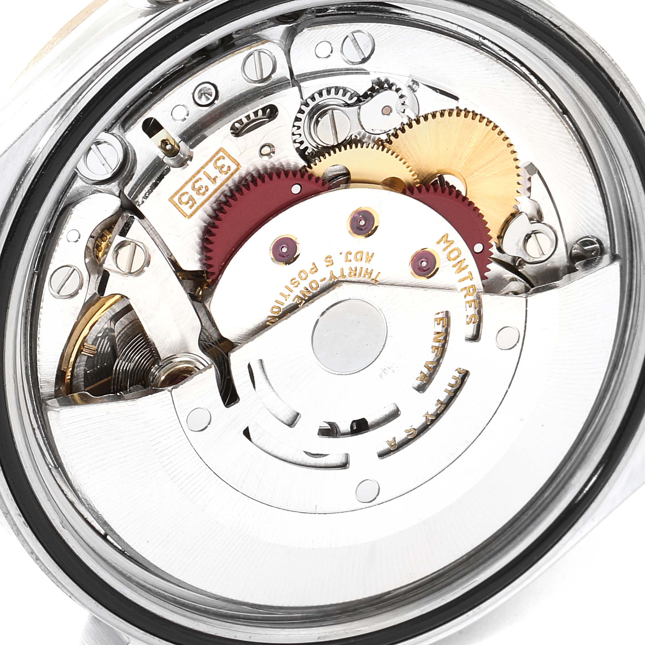 The image shows the inner mechanical movement of the Rolex Datejust 16234 Men's Stainless Steel Silver Dial 16234 Men's Stainless Steel Silver Dial watch viewed from the back.