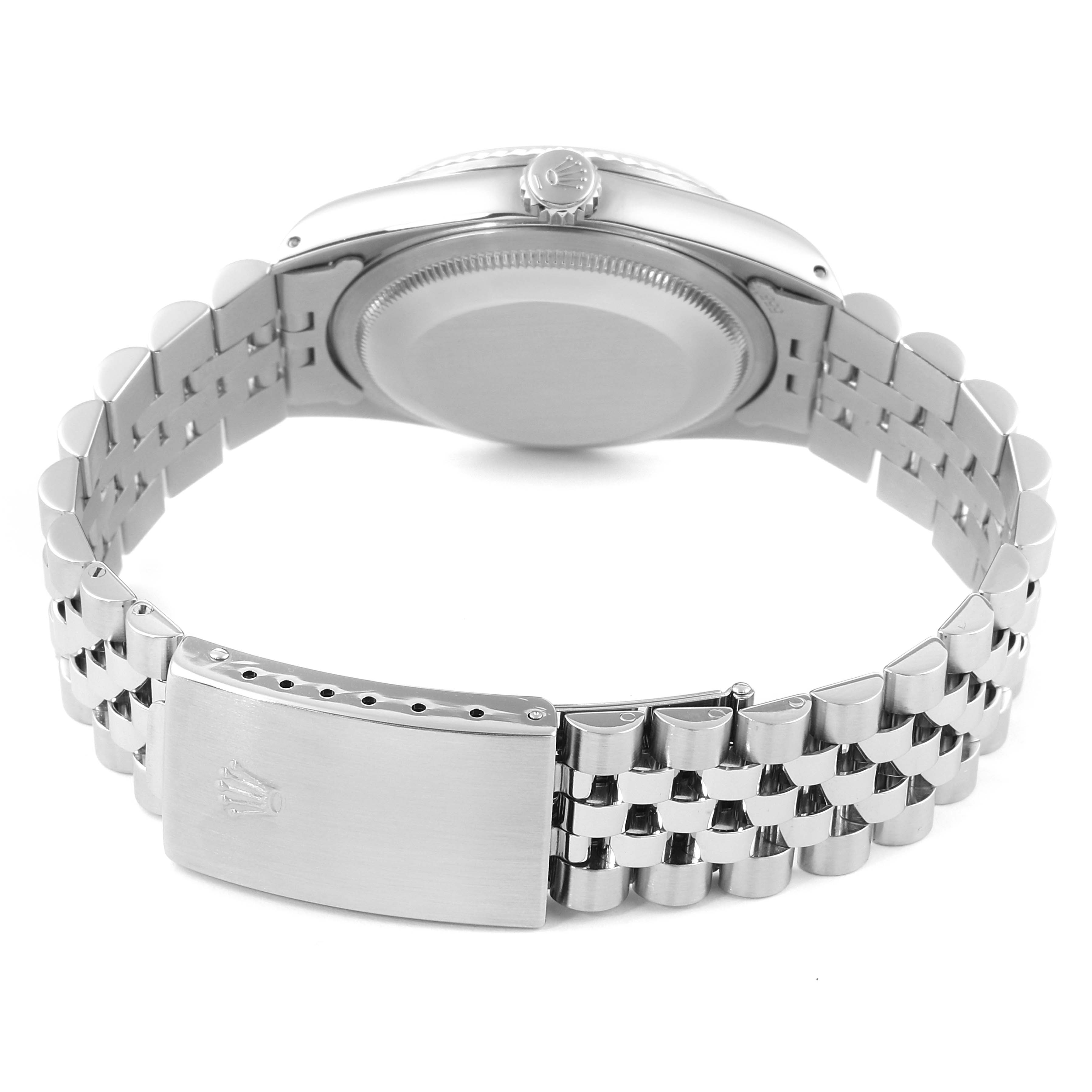 The image shows the back view of a Rolex Datejust 16234 Men's Stainless Steel Silver Dial 16234 Men's Stainless Steel Silver Dial watch, highlighting its case, crown, and Jubilee bracelet with clasp.