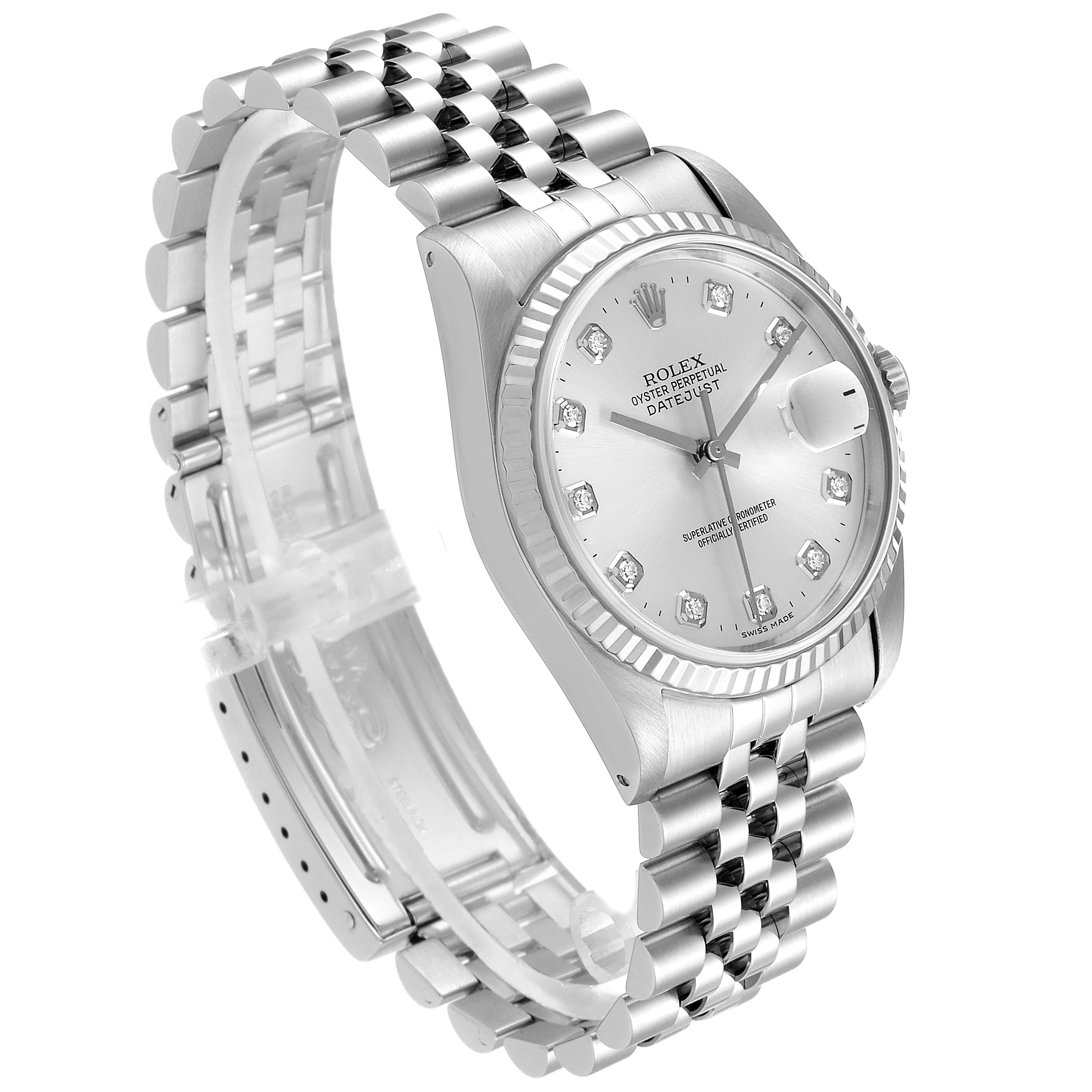 The image shows a side angle of a Rolex Datejust 16234 Men's Stainless Steel Silver Dial 16234 Men's Stainless Steel Silver Dial watch, highlighting its silver dial, fluted bezel, and Jubilee bracelet.