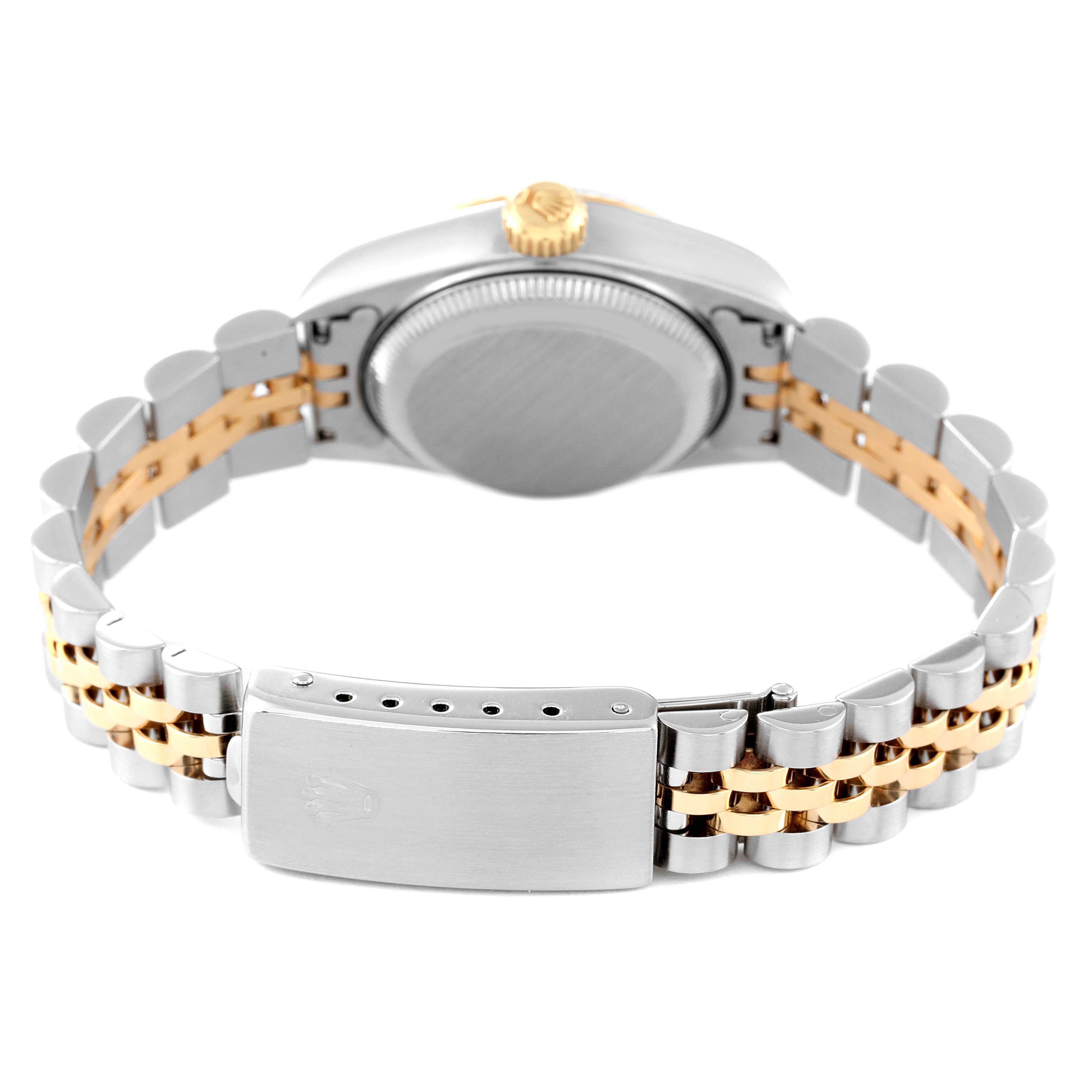 The image shows the backcase and bracelet of a Rolex Datejust 69173 Women's Steel and Gold (two tone) Beige Dial 69173 Women's Steel and Gold (two tone) Beige Dial watch, featuring a two-tone metal design and clasp.