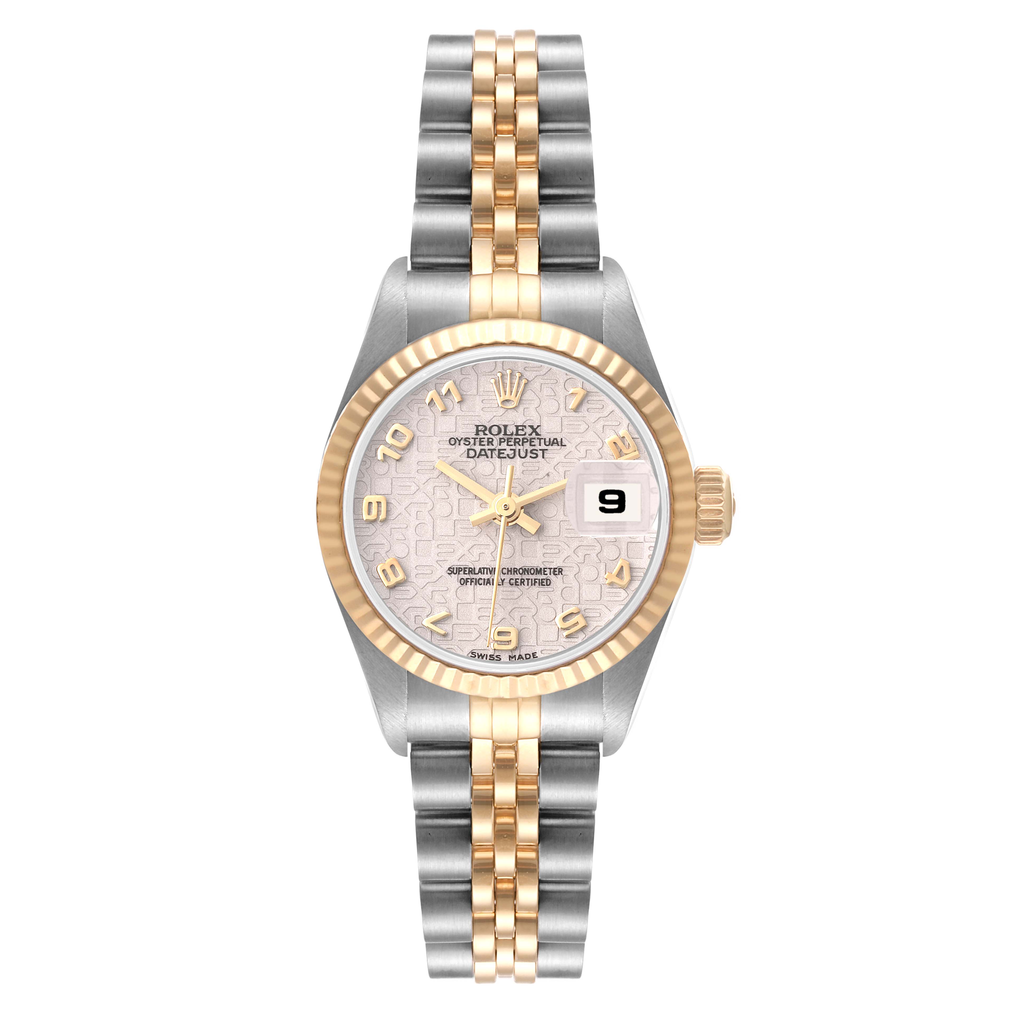 The image shows a Rolex Datejust 69173 Women's Steel and Gold (two tone) Beige Dial 69173 Women's Steel and Gold (two tone) Beige Dial watch from a front view, detailing its dial, bezel, and bracelet.
