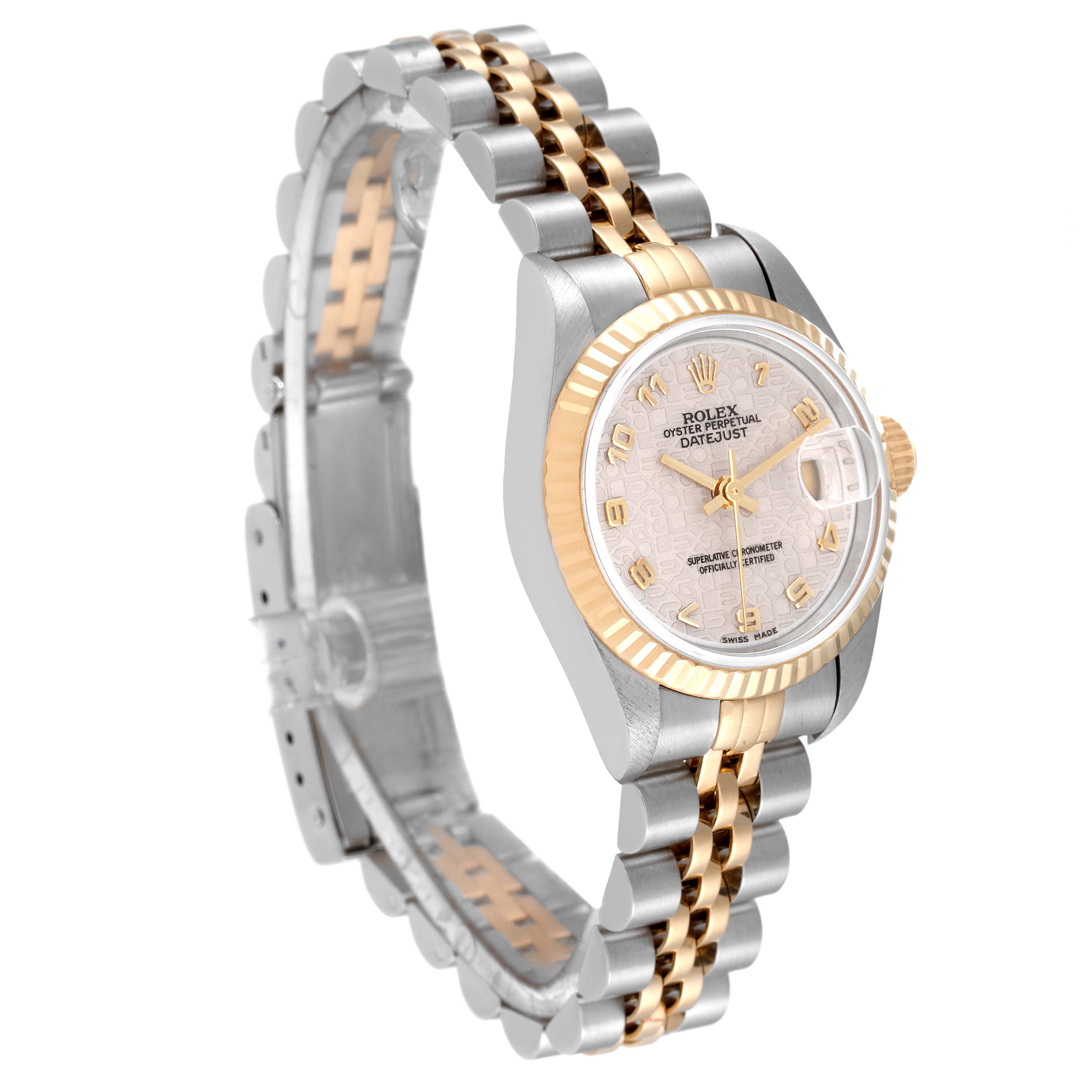 The Rolex Datejust 69173 Women's Steel and Gold (two tone) Beige Dial 69173 Women's Steel and Gold (two tone) Beige Dial watch is shown at a front-right angle, highlighting the dial, bezel, and bracelet.