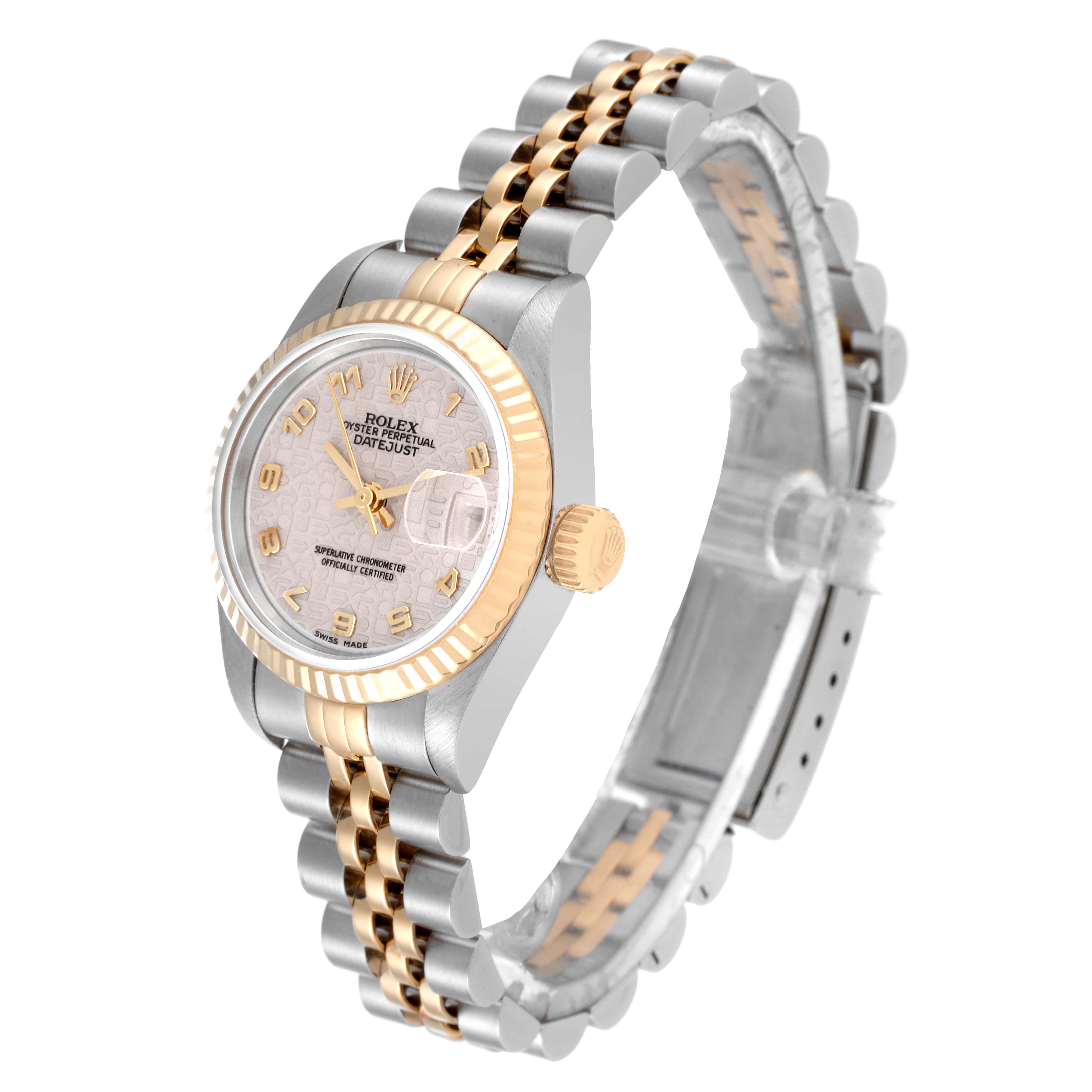 The image shows a side angle view of a Rolex Datejust 69173 Women's Steel and Gold (two tone) Beige Dial 69173 Women's Steel and Gold (two tone) Beige Dial watch, displaying the face, bezel, crown, and bracelet.