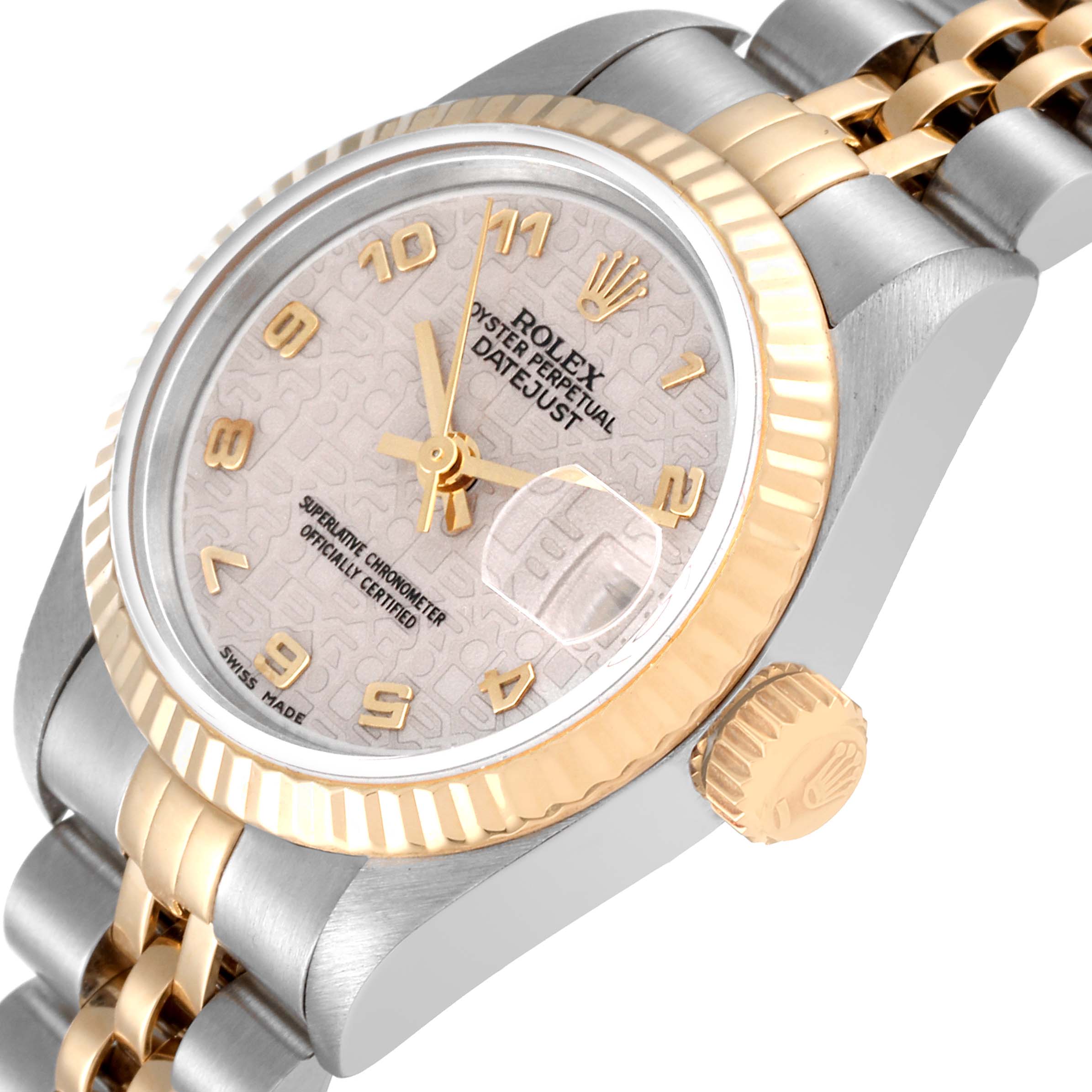 The image shows a close-up angled view of the Rolex Datejust 69173 Women's Steel and Gold (two tone) Beige Dial 69173 Women's Steel and Gold (two tone) Beige Dial model, highlighting the dial, bezel, and crown.