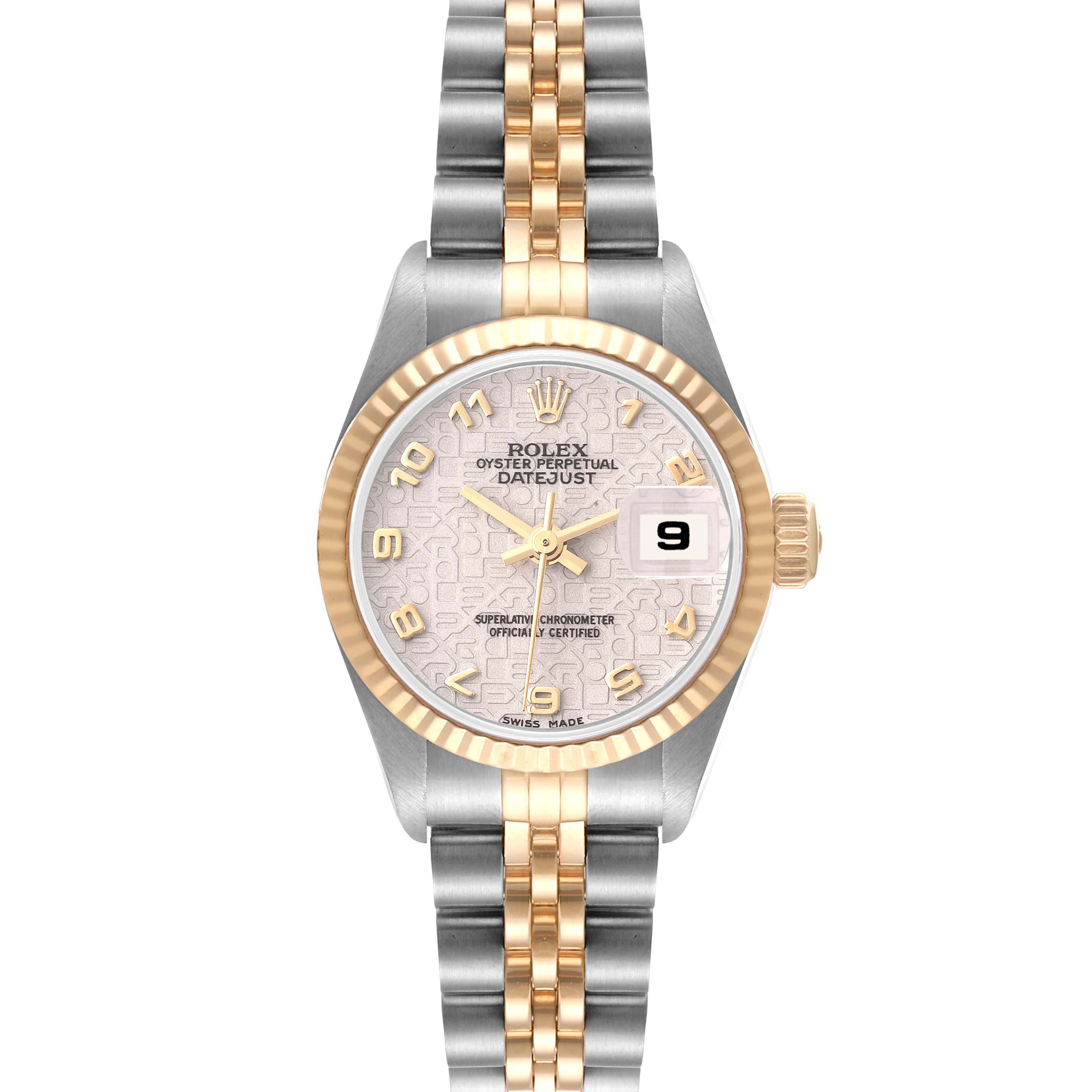 The Rolex Datejust 69173 Women's Steel and Gold (two tone) Beige Dial 69173 Women's Steel and Gold (two tone) Beige Dial watch is shown from a front angle, displaying its face, bezel, bracelet, and date window.