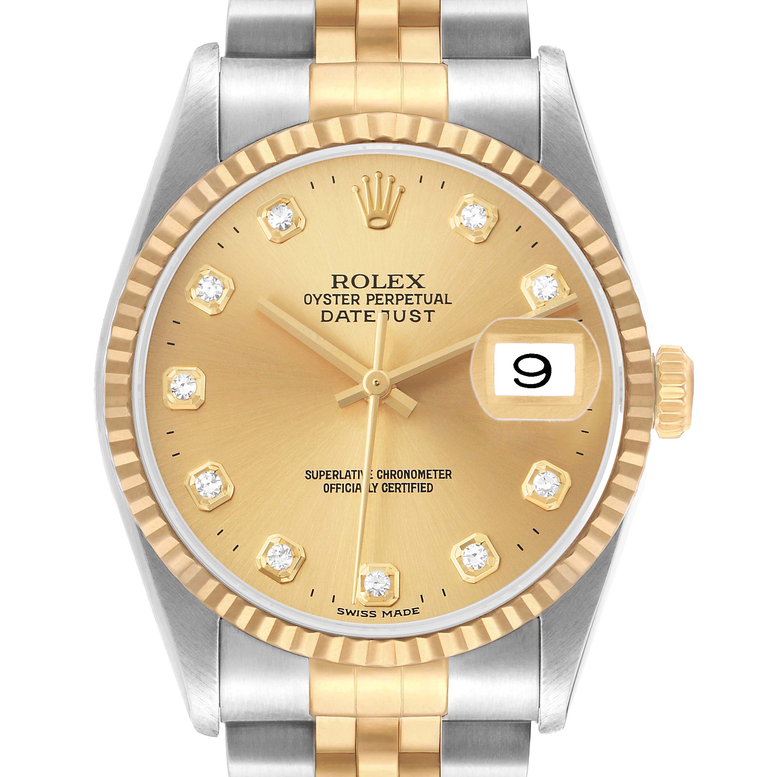 The Rolex Datejust 16233 Men's Steel and Gold (two tone) Champagne Dial watch is shown from a front view, featuring the dial, bezel, crown, and part of the bracelet.